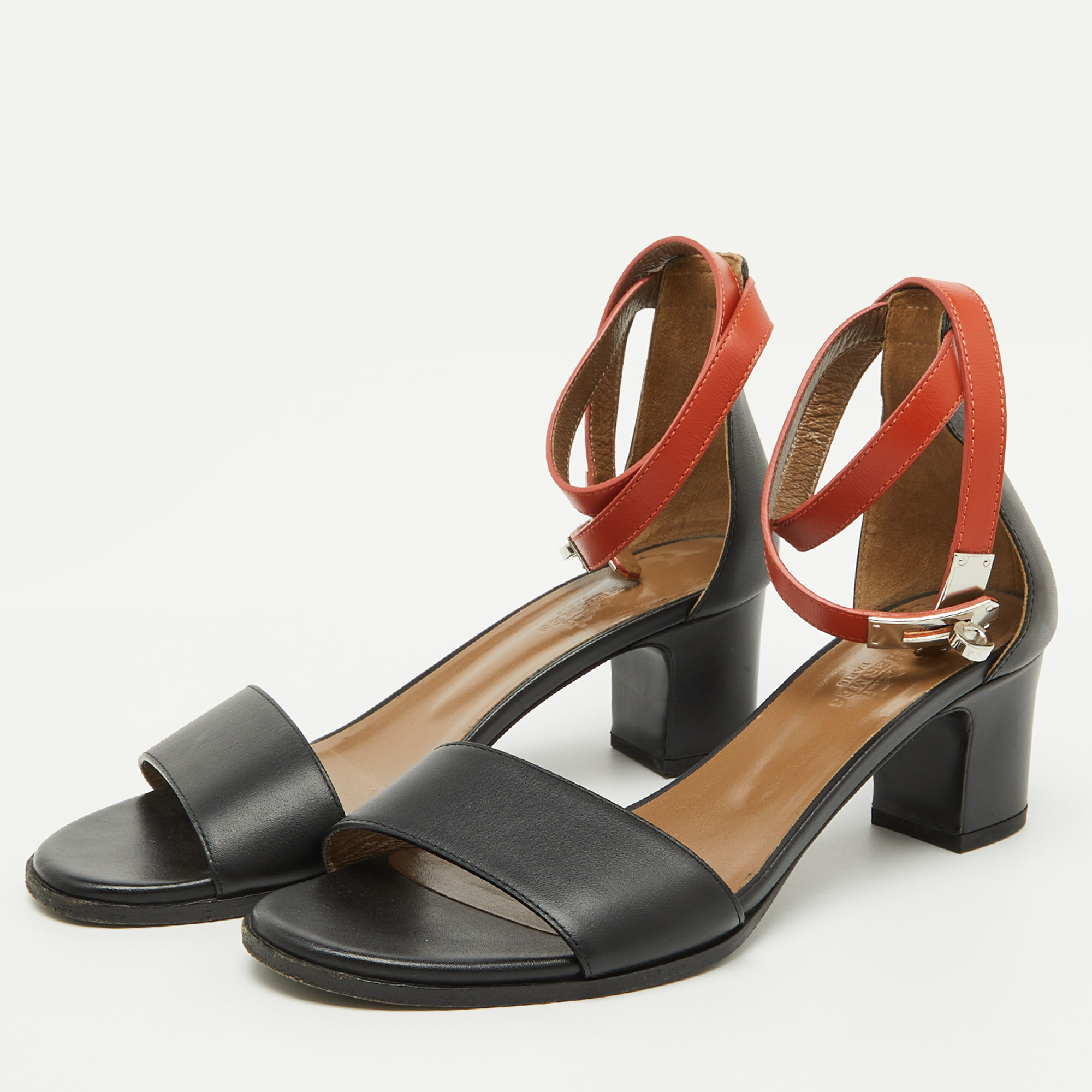 Hermes Black/Orange Leather Ankle Strap Sandals Size 38.5 