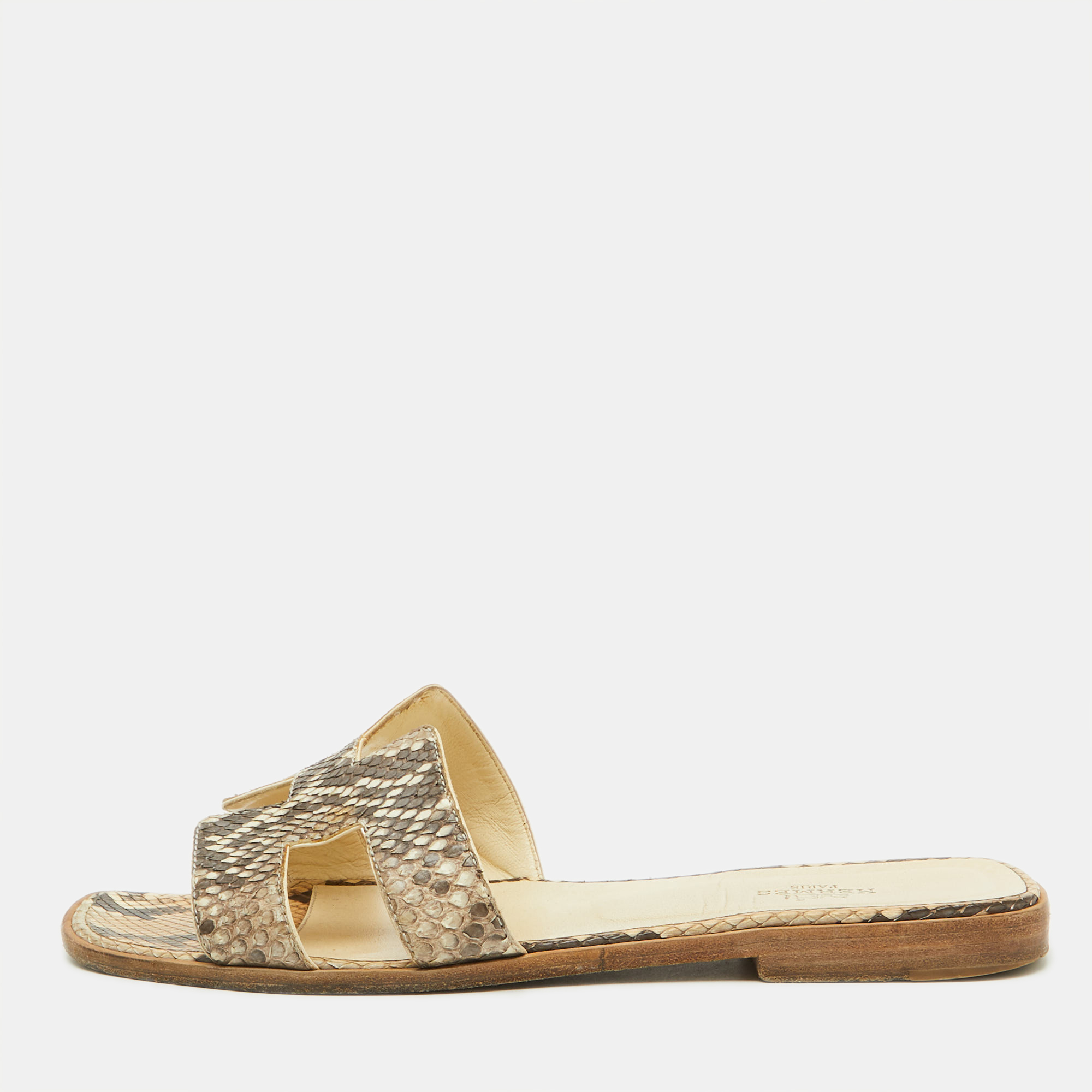 

Hermes Beige/Brown Snakeskin Oran Flat Slide Sandals Size