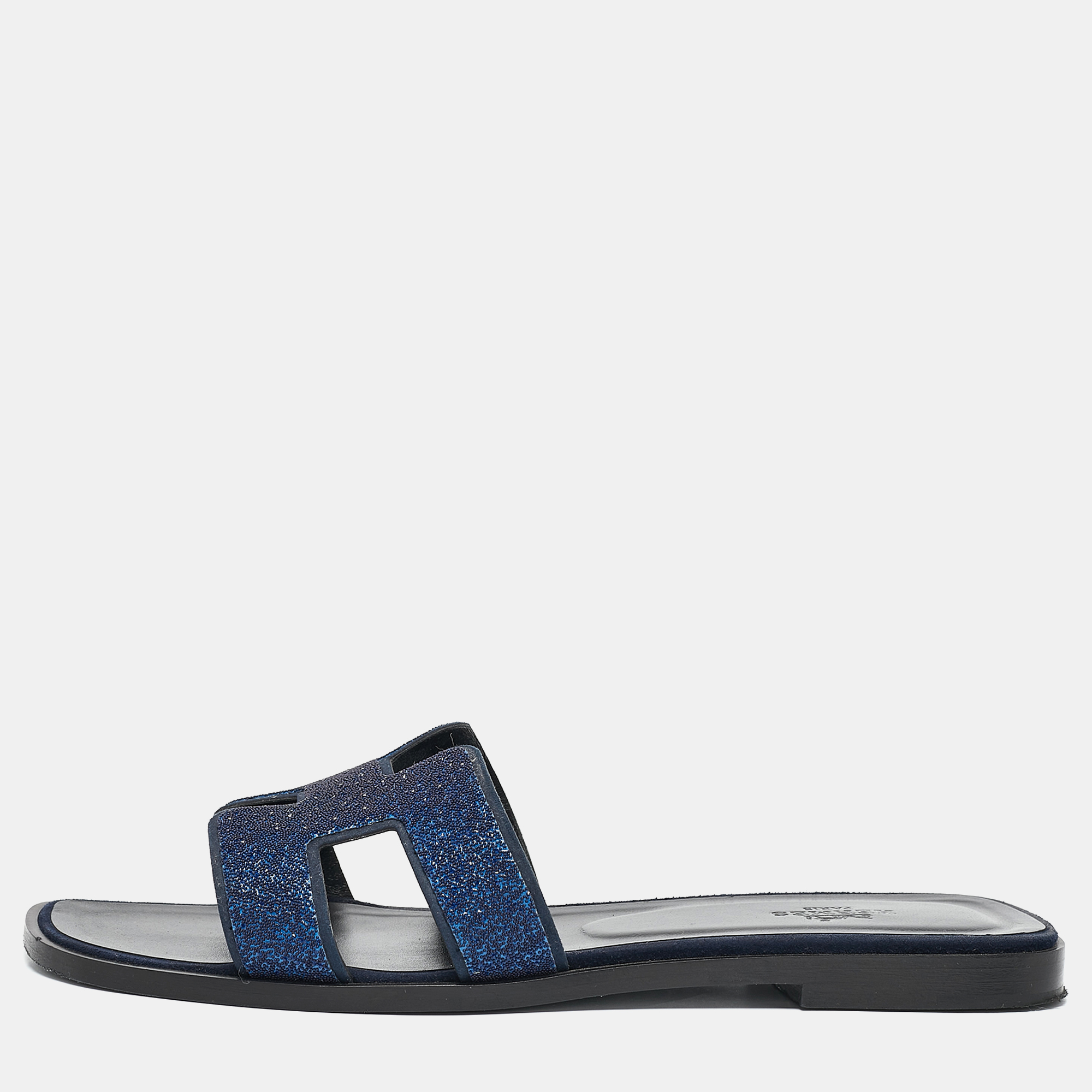 

Hermes Blue Crystal Embellished Suede Oran Flat Slides Size