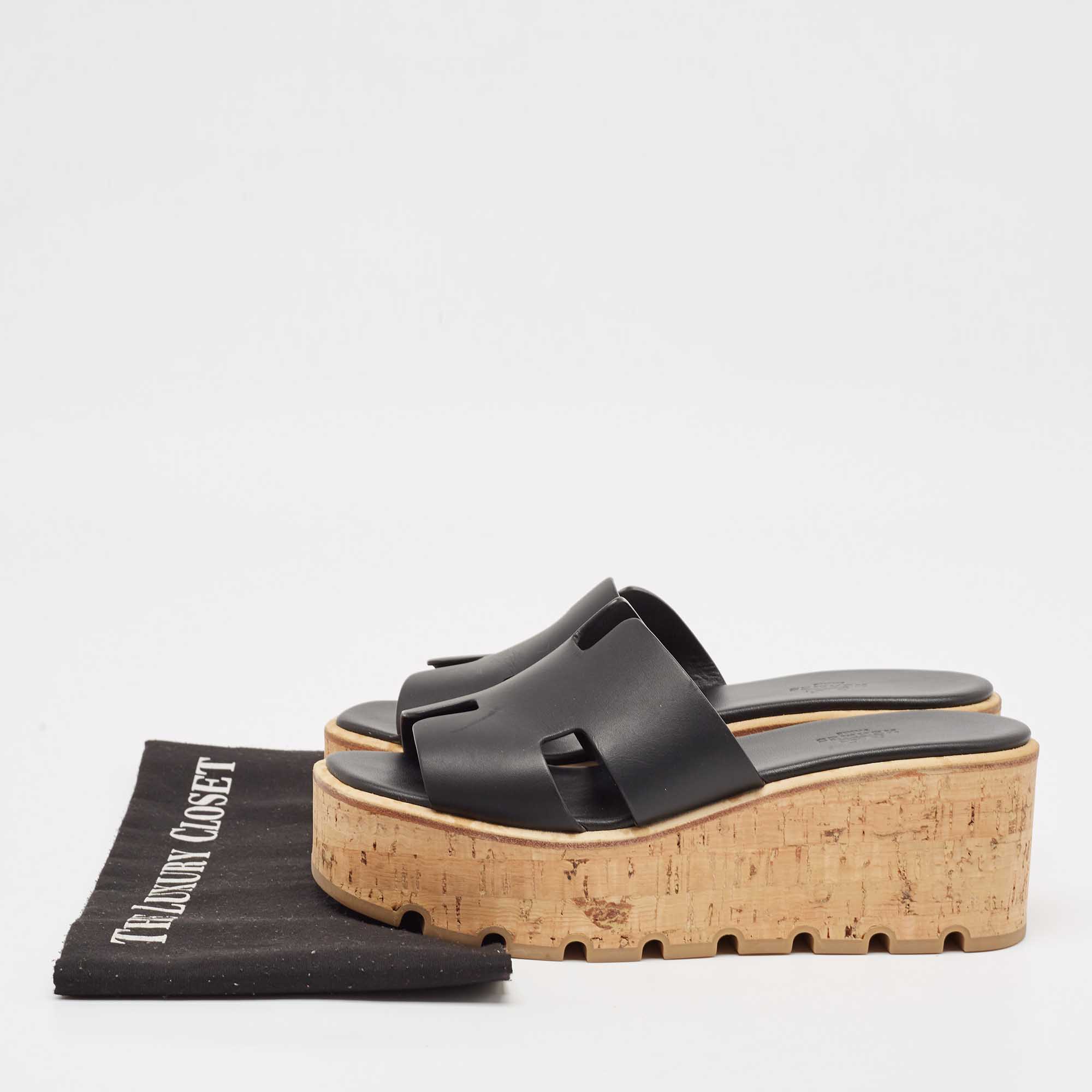 Hermes Black Leather Eze Cork Platform Wedge Sandals Size 38 