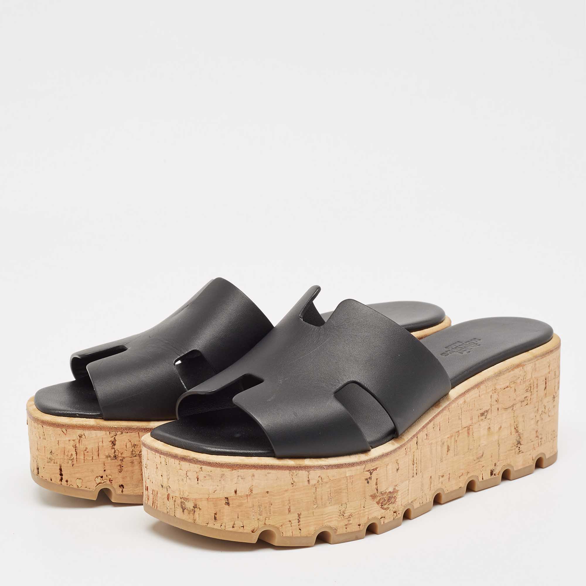 Hermes Black Leather Eze Cork Platform Wedge Sandals Size 38 