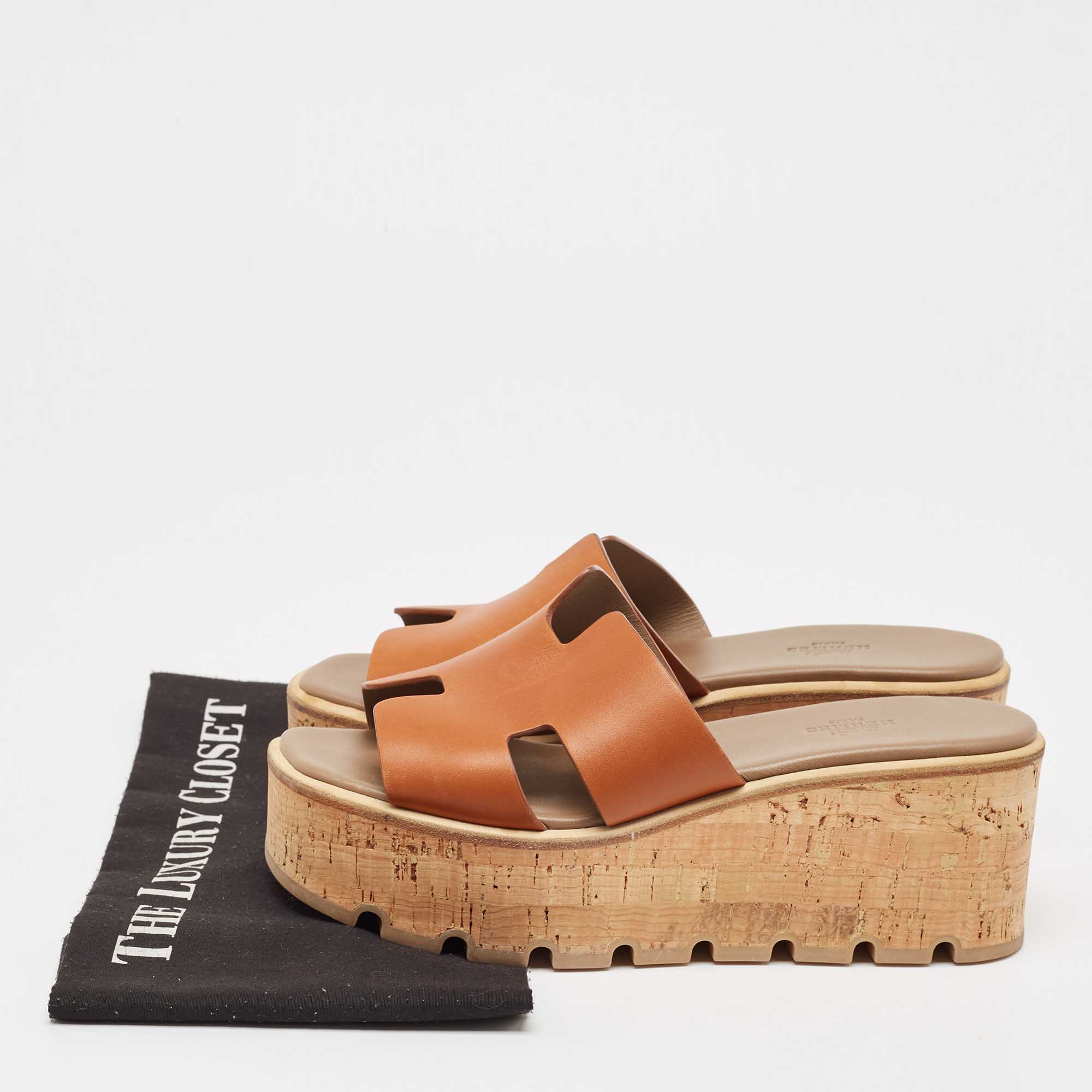 Hermes Brown Leather Eze Platform Cork Wedge Sandals Size 38 