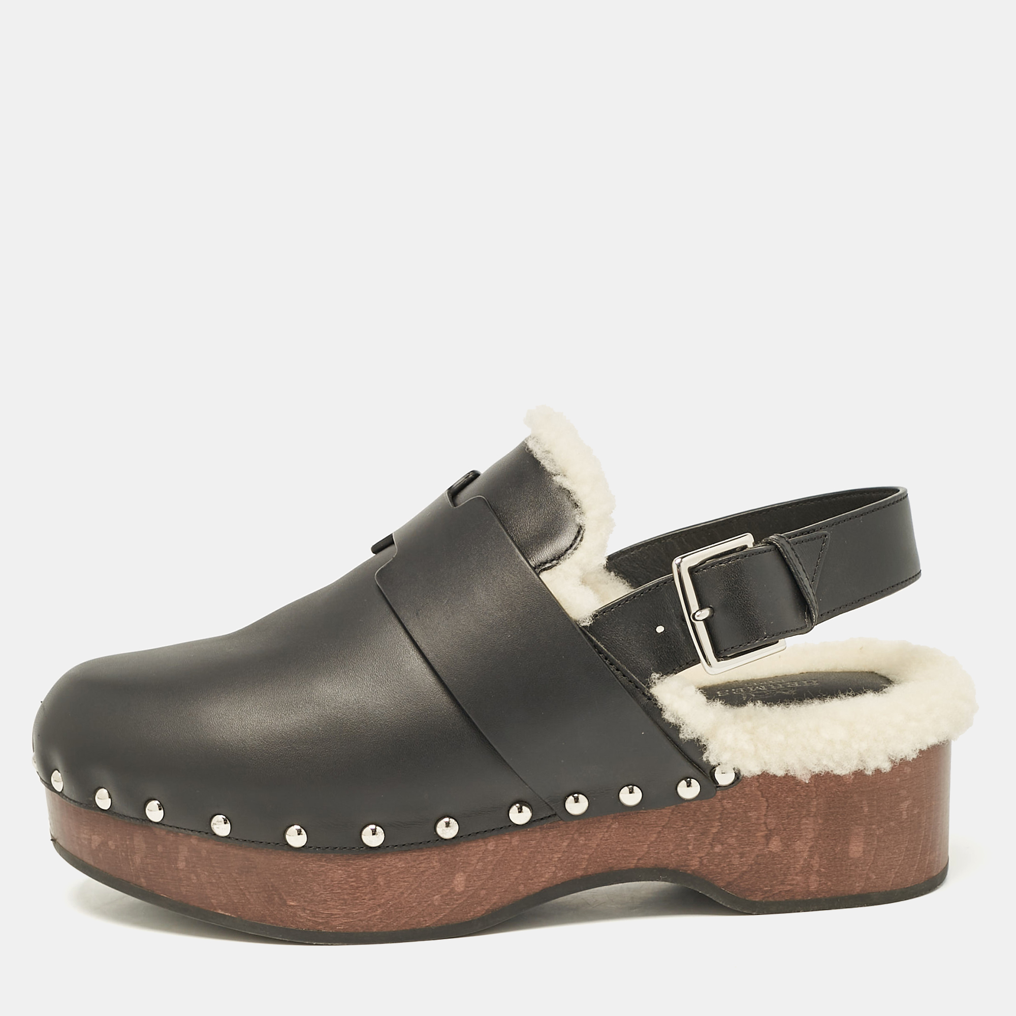 

Hermes Black Leather and Shearling Carlotta Clogs Size