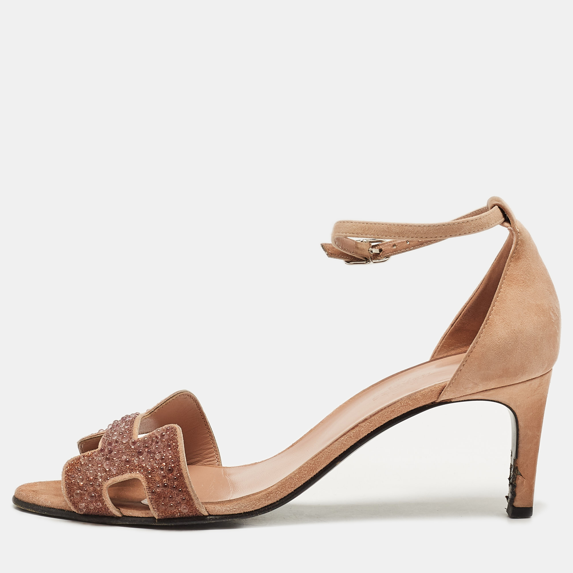 

Hermes Beige Suede Embellished Premiere 70 Ankle Strap Sandals