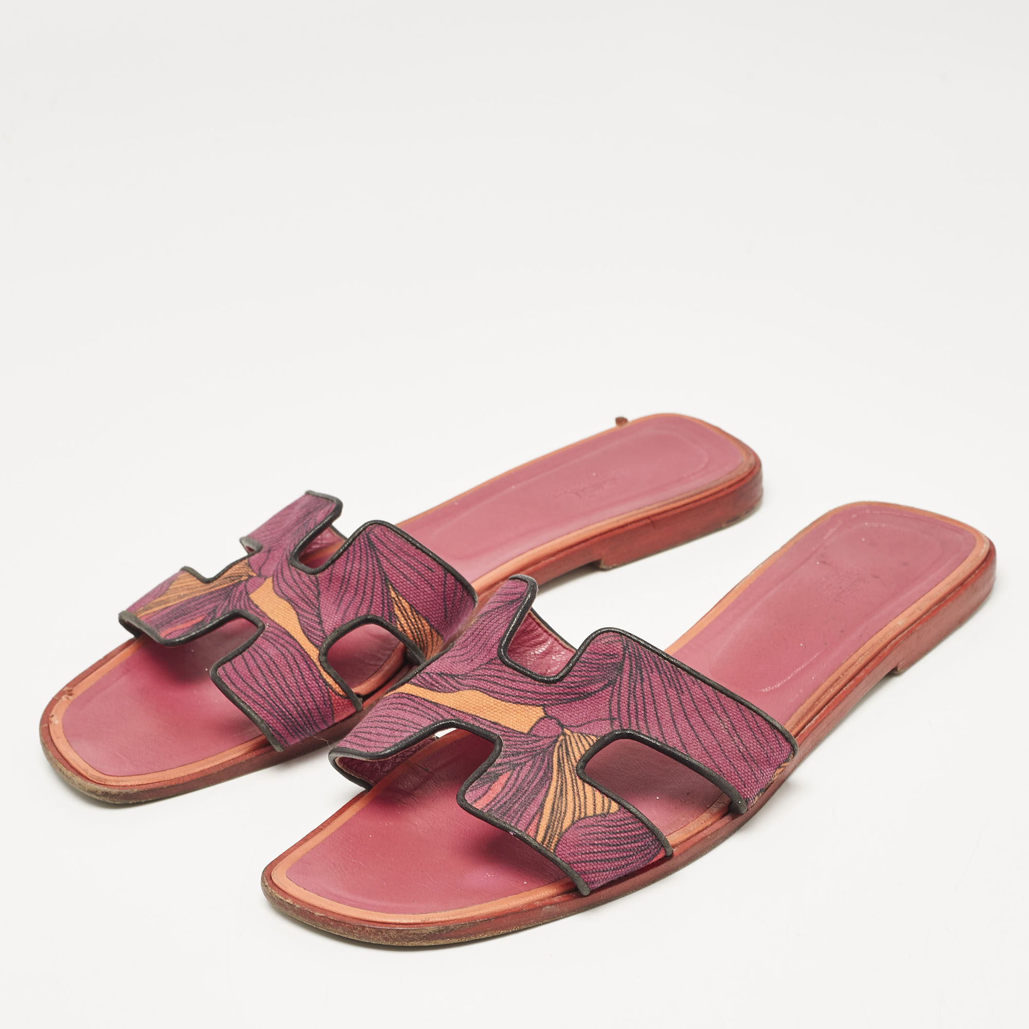 Hermes Tricolor Canvas Oran Flat Slides Size 41 