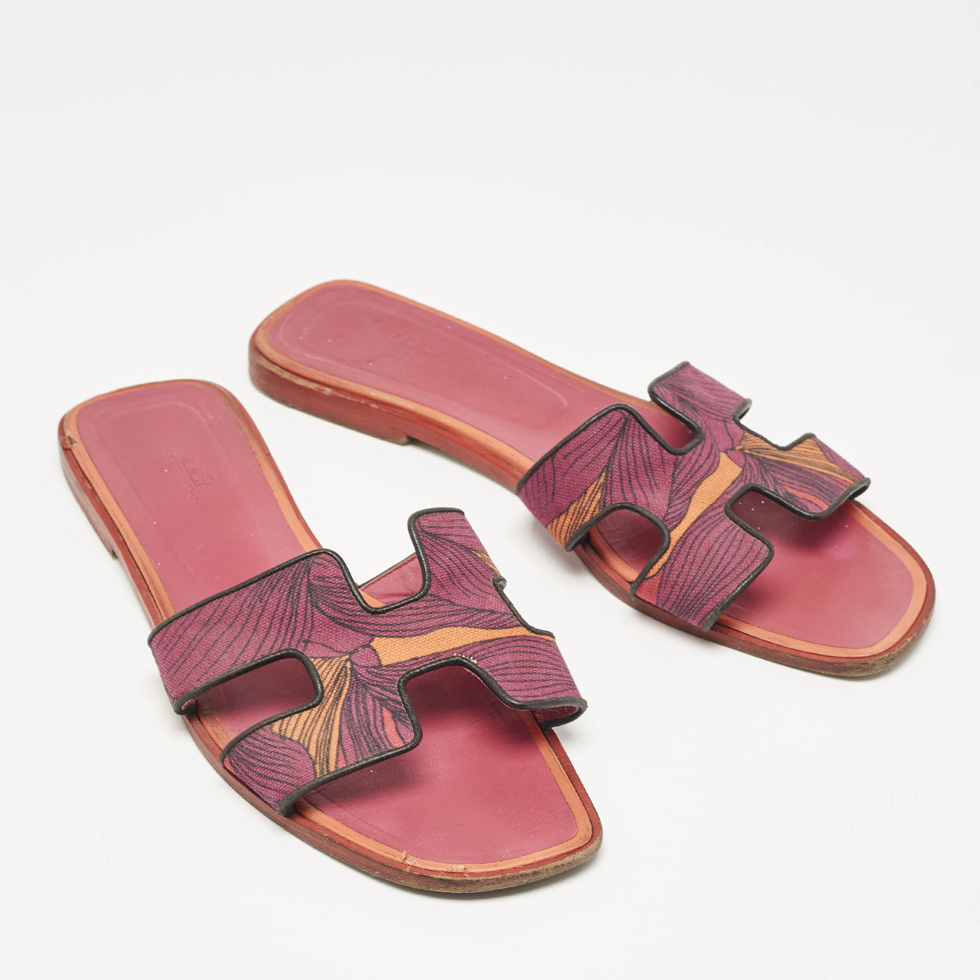 Hermes Tricolor Canvas Oran Flat Slides Size 41 