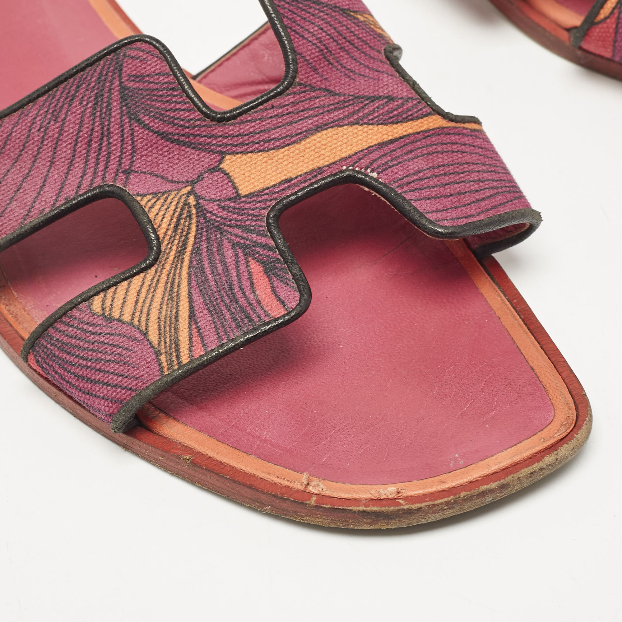 Hermes Tricolor Canvas Oran Flat Slides Size 41 