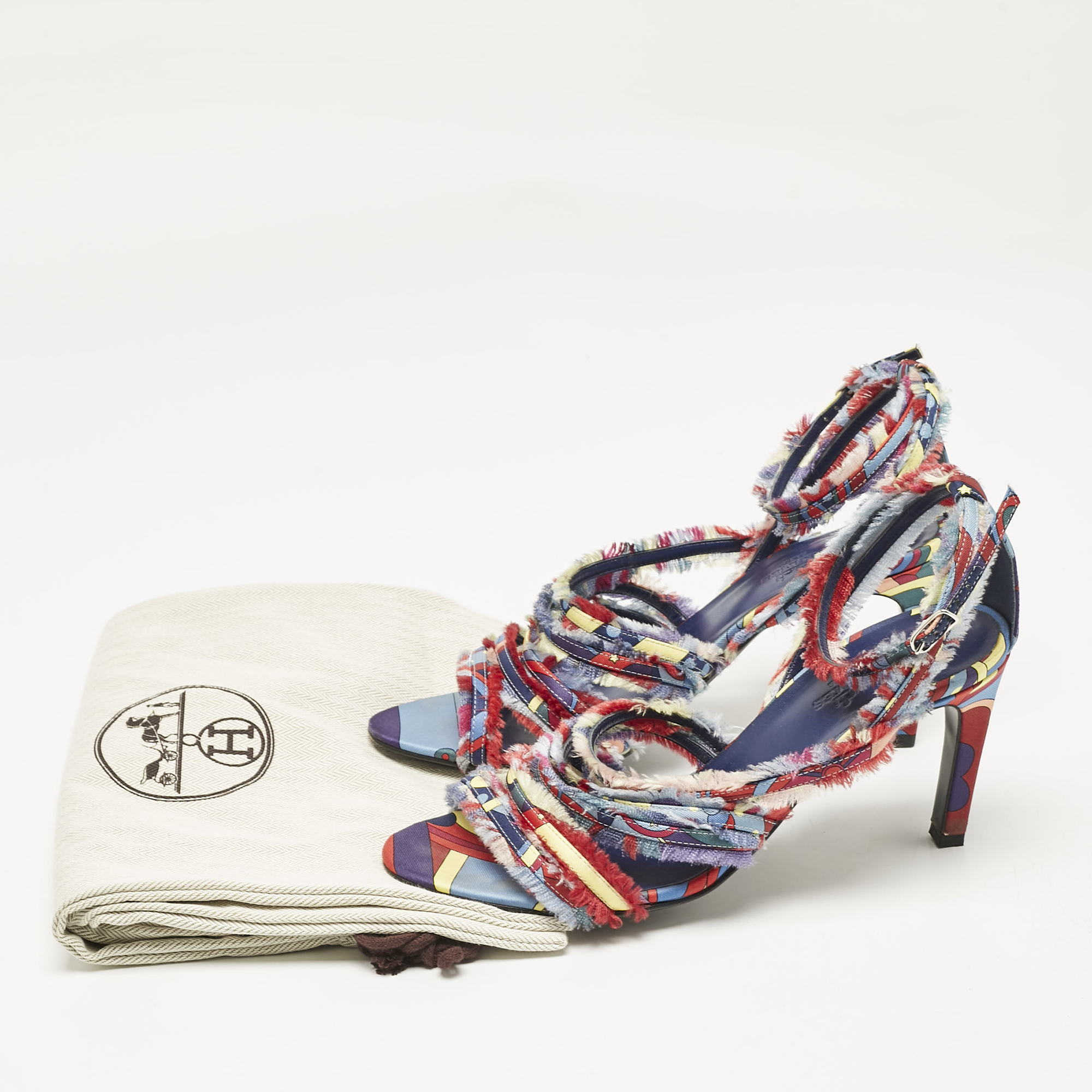 Hermes Multicolor Canvas Ankle Strap Sandals Size 38.5 