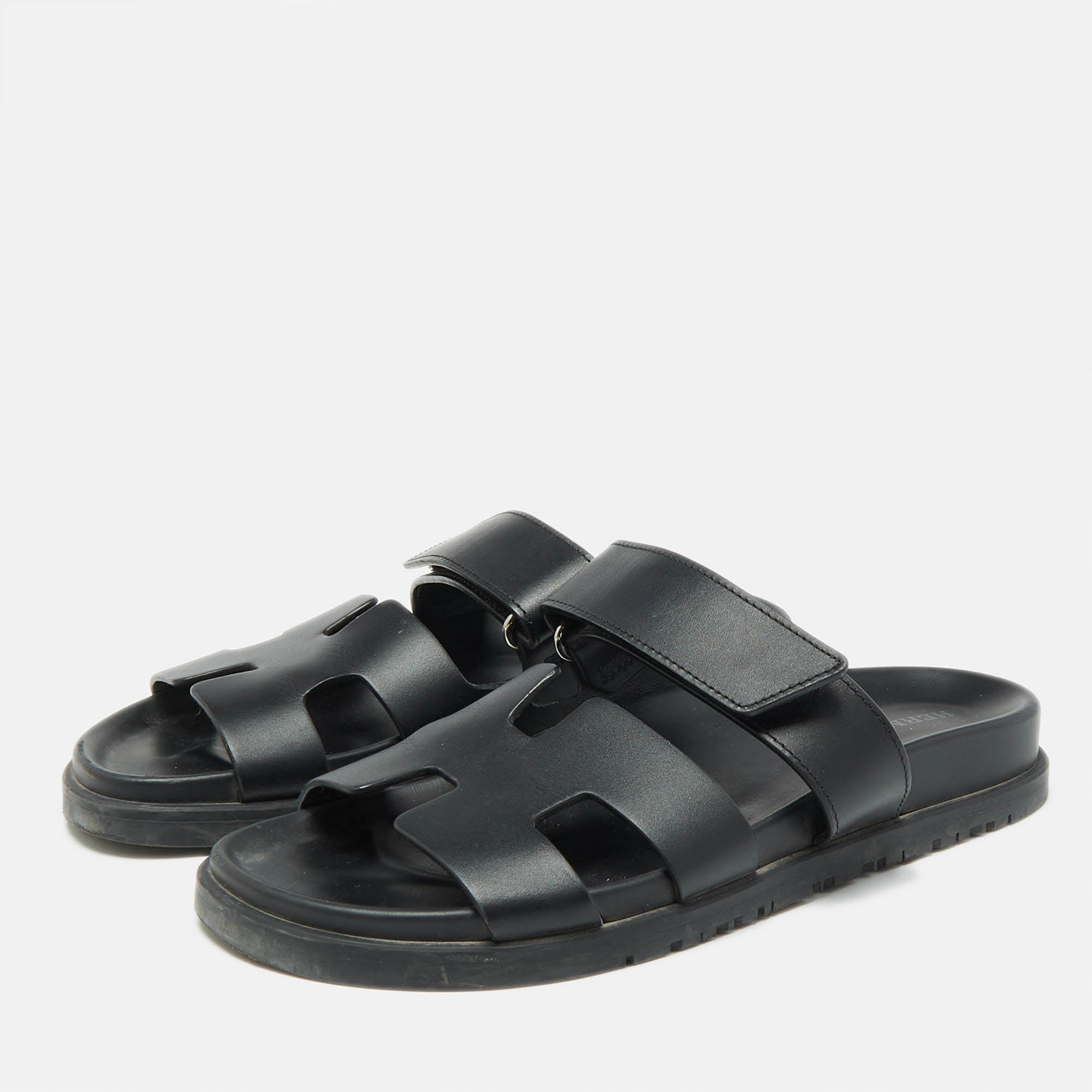 Hermes Black Leather Chypre Sandals Size 36.5 