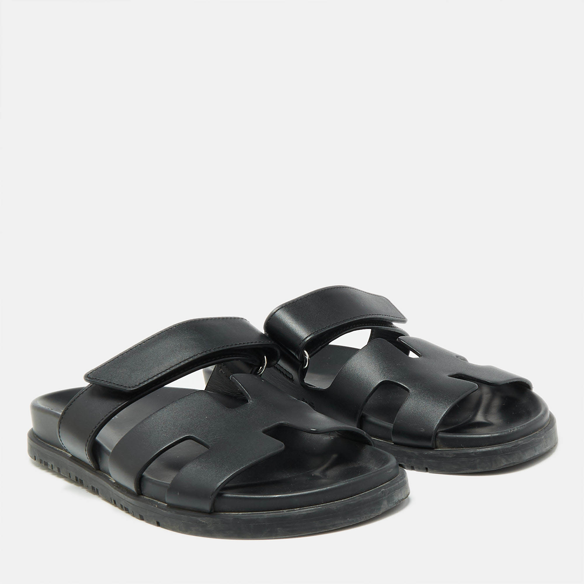 Hermes Black Leather Chypre Sandals Size 36.5 