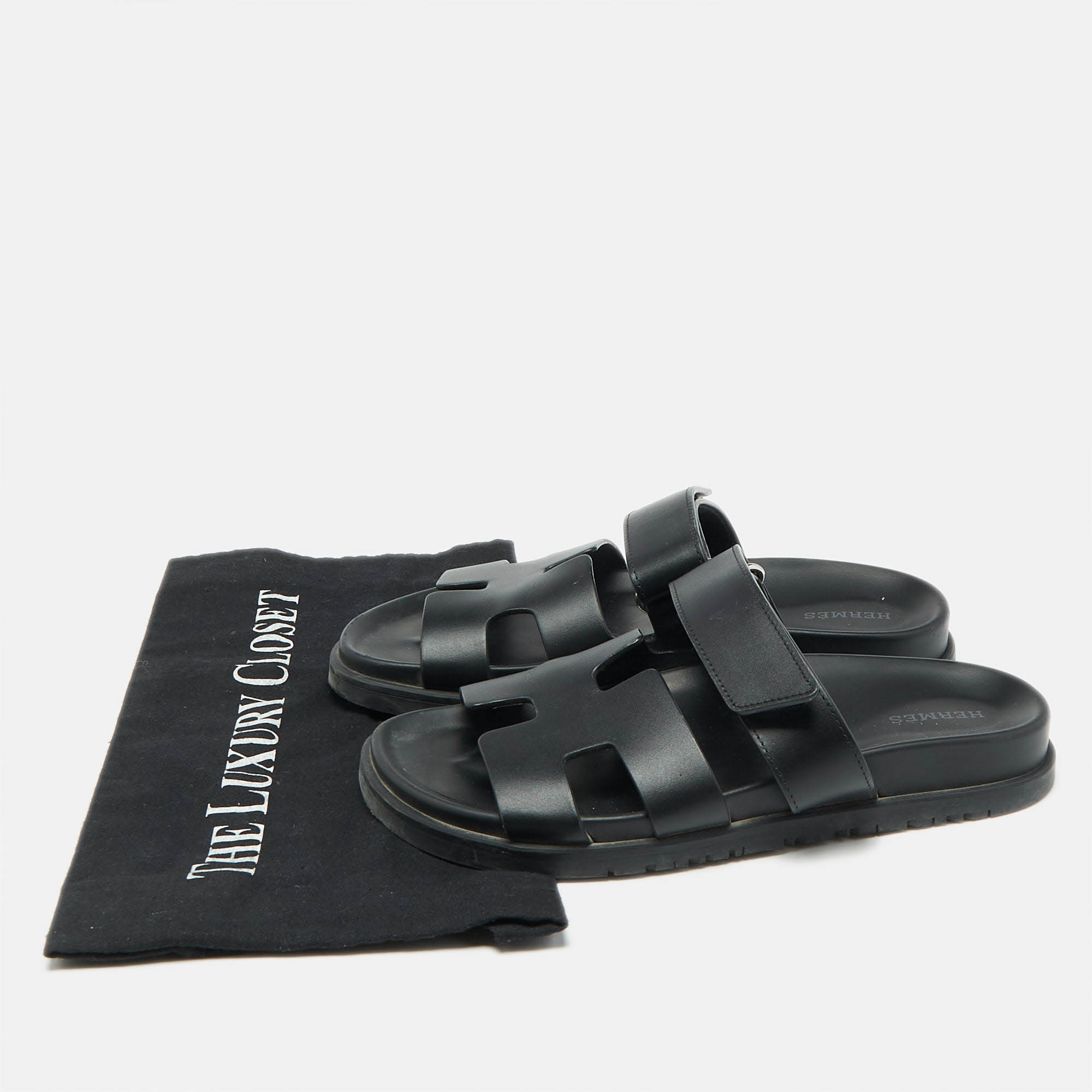 Hermes Black Leather Chypre Sandals Size 36.5 