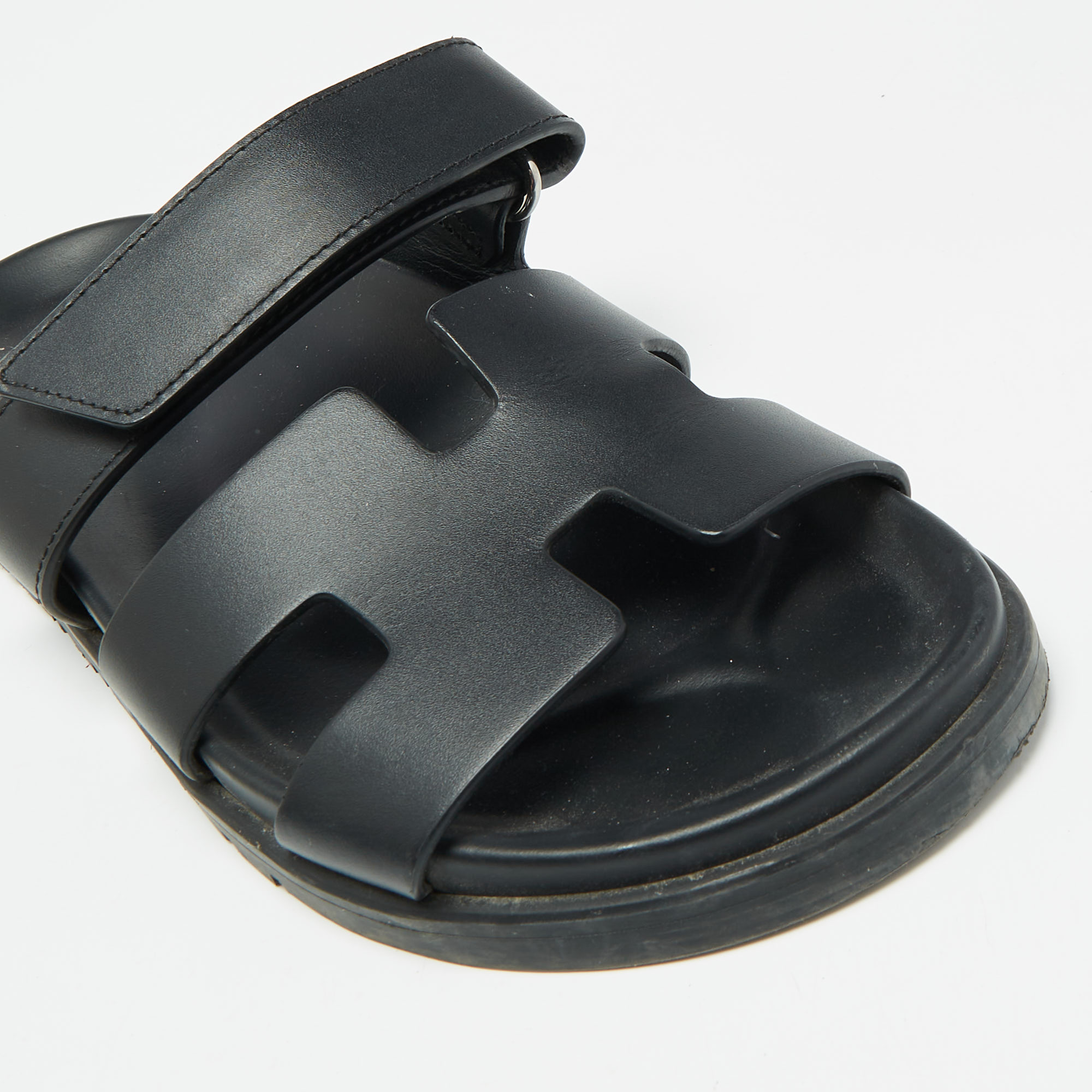 Hermes Black Leather Chypre Sandals Size 36.5 