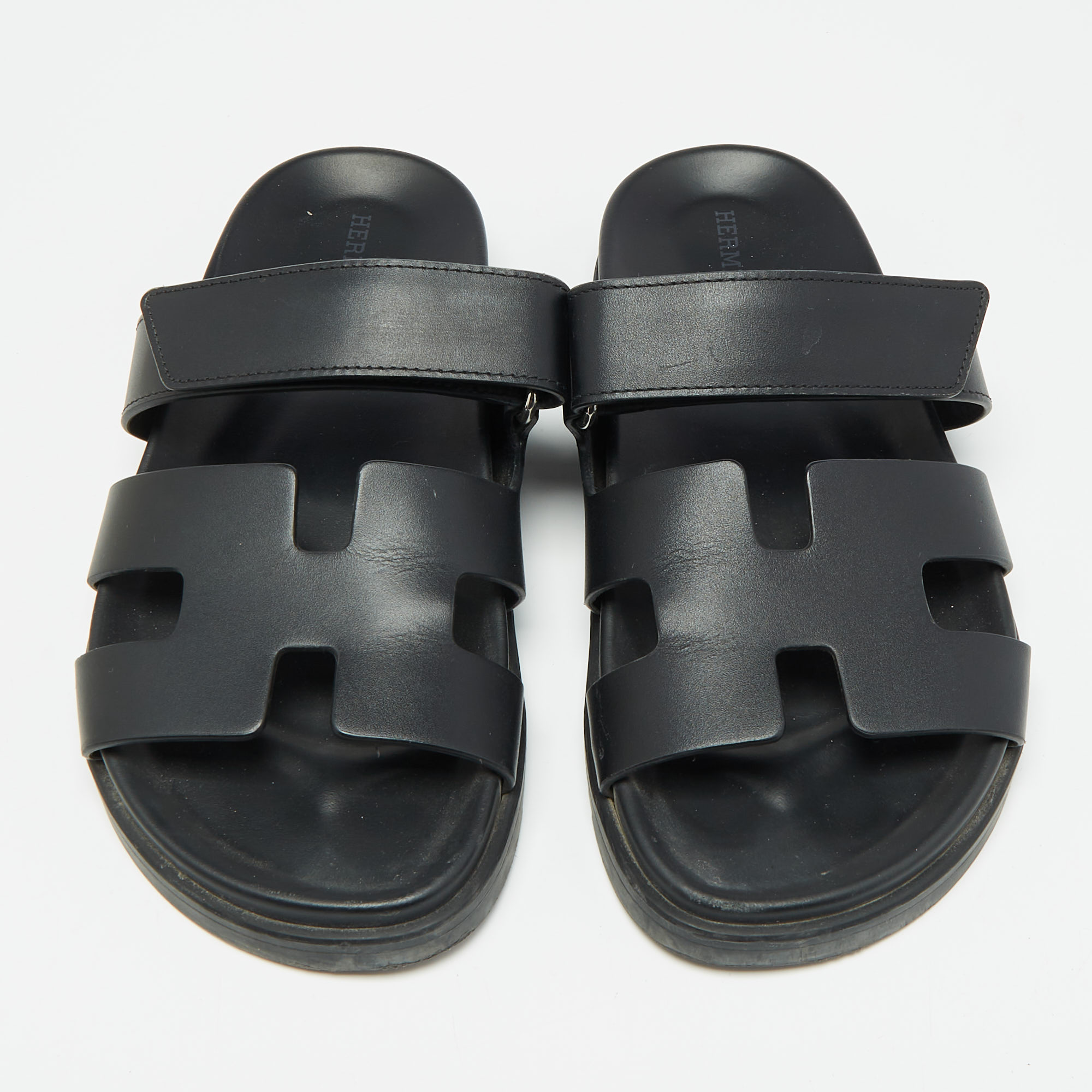 Hermes Black Leather Chypre Sandals Size 36.5 