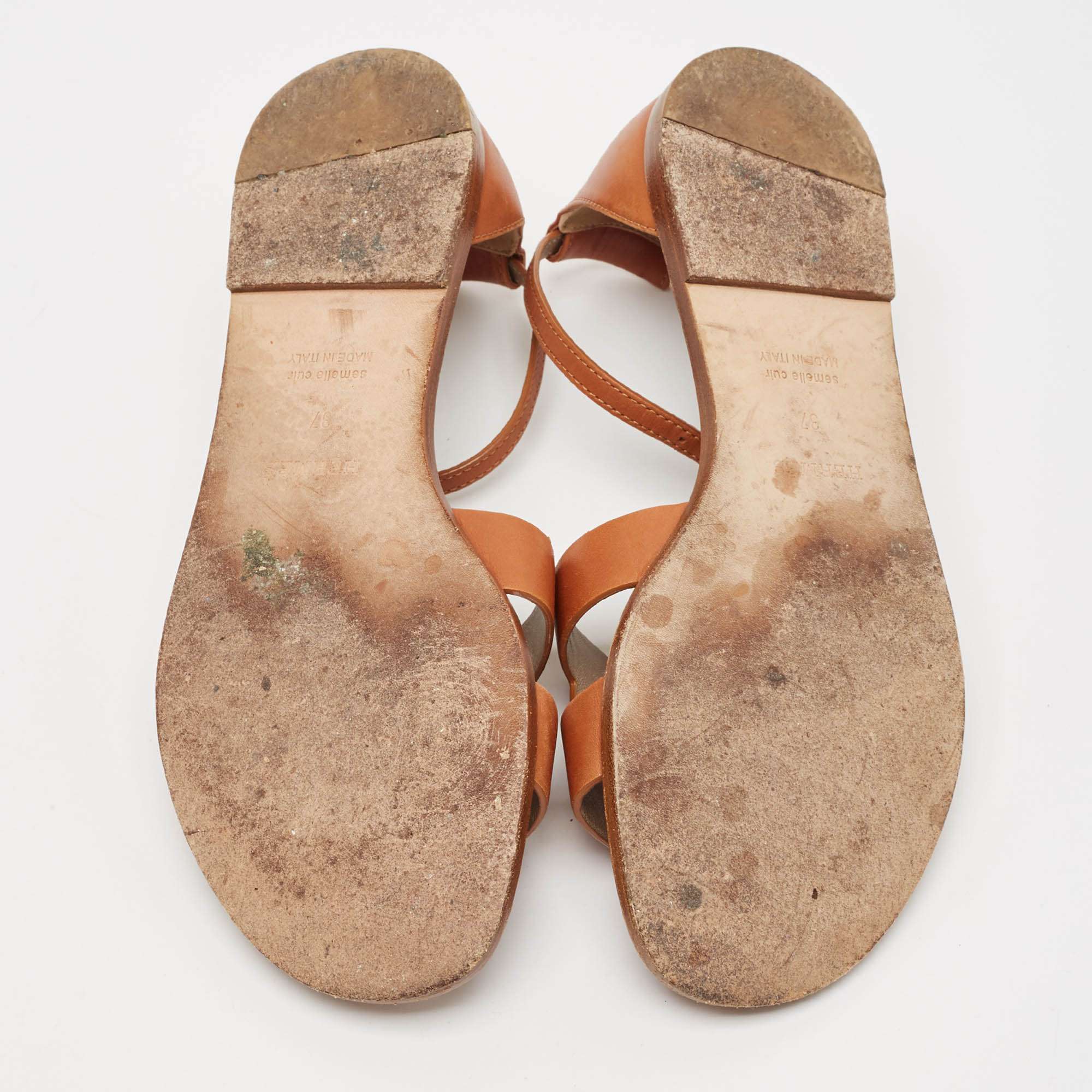 Hermes Brown Leather Santorini Ankle Strap Flat Sandals Size 37 