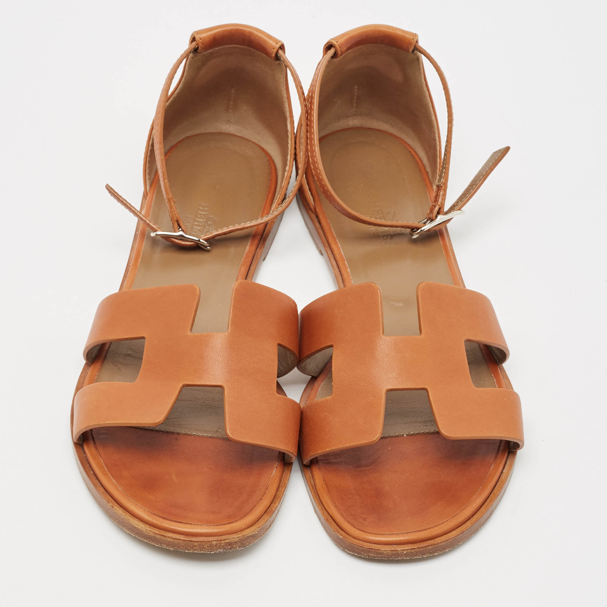 Hermes Brown Leather Santorini Ankle Strap Flat Sandals Size 37 