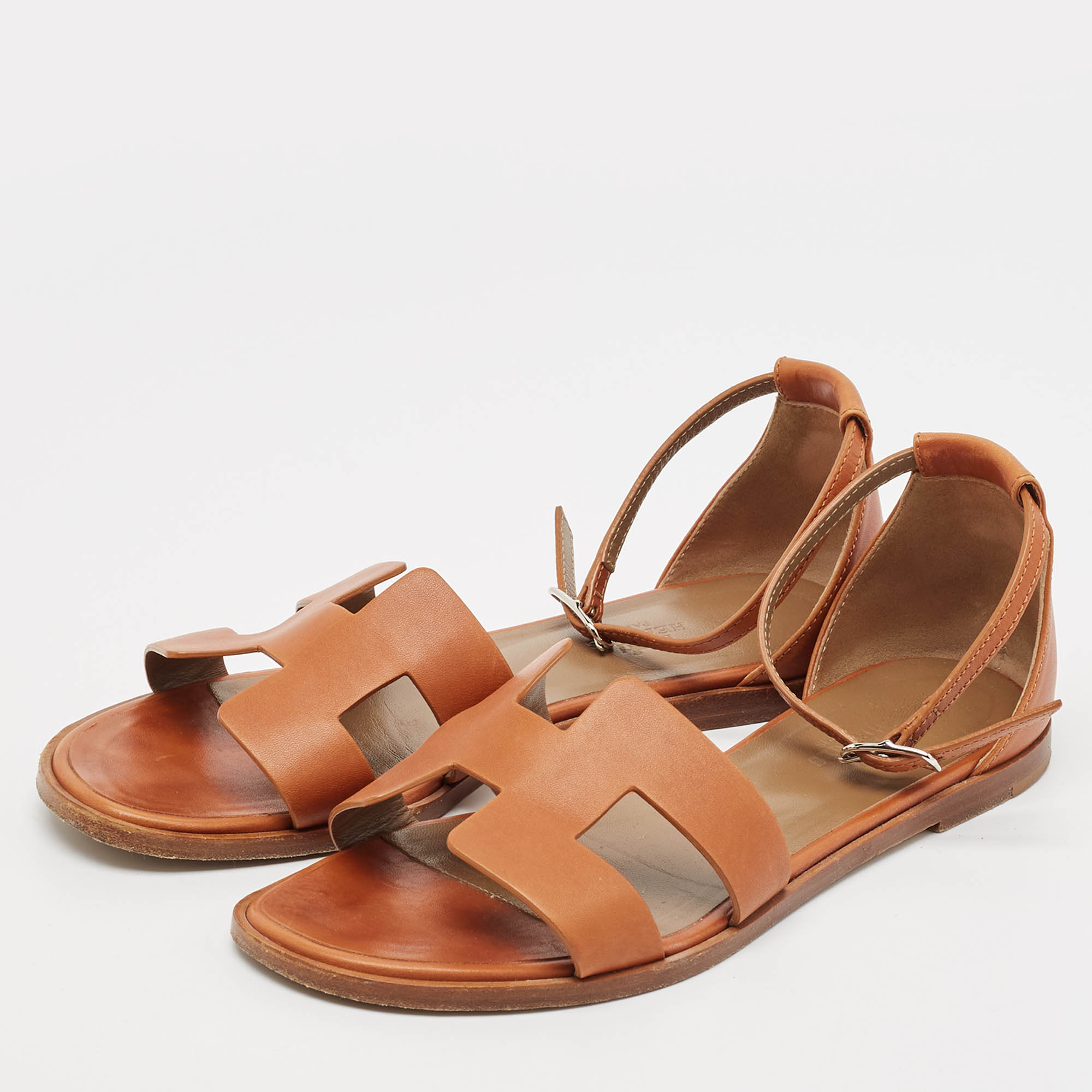 Hermes Brown Leather Santorini Ankle Strap Flat Sandals Size 37 