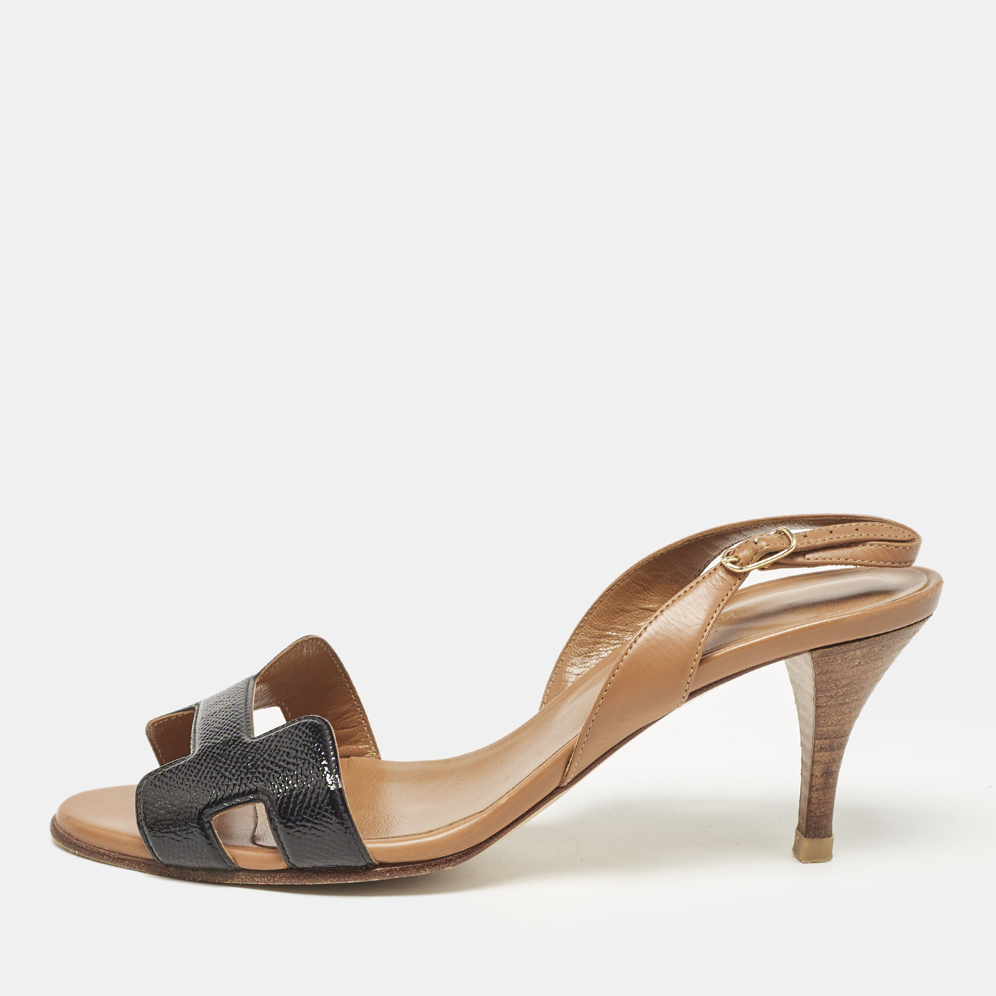 

Hermes Brown/Black Leather and Patent Leather Night Slingback Sandals Size