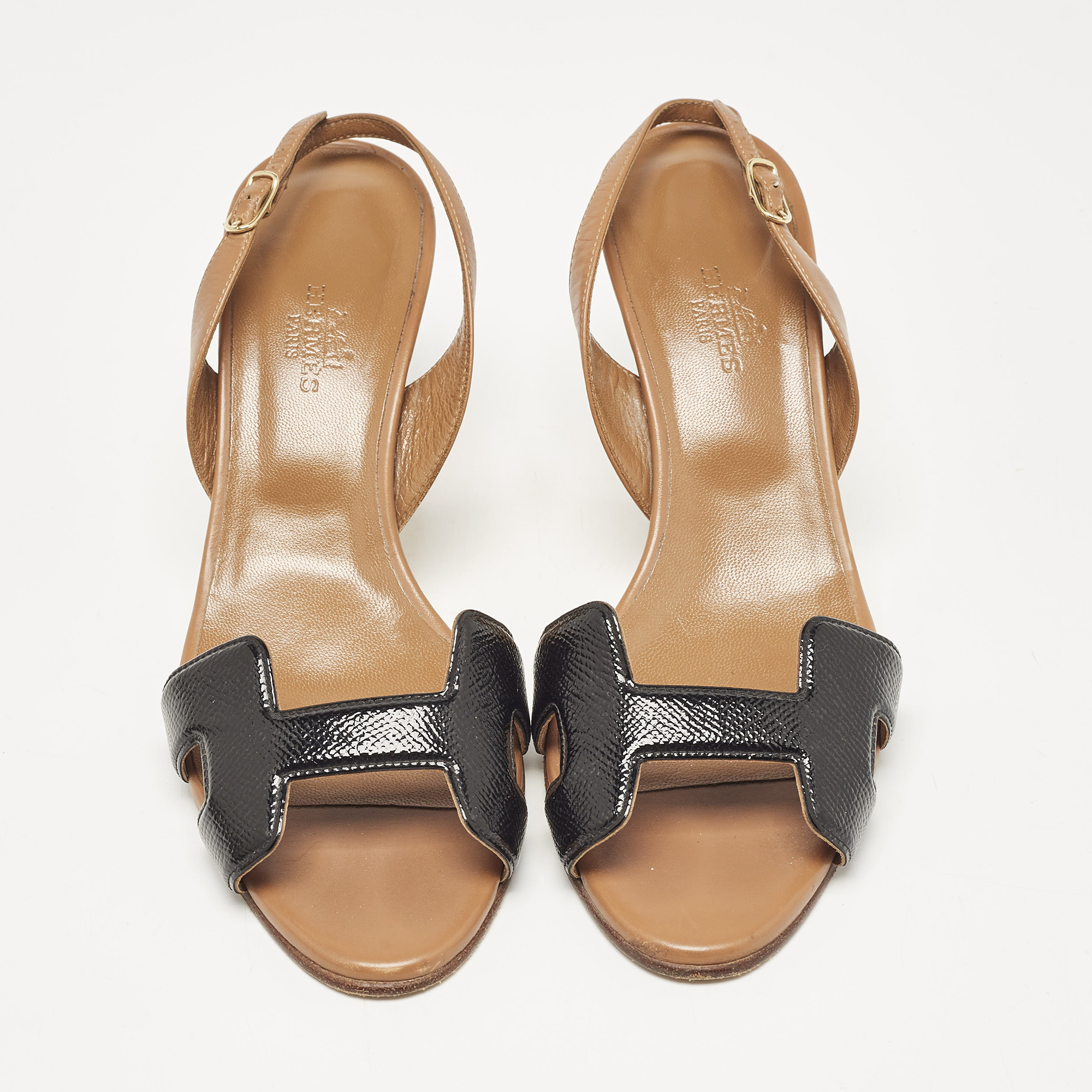 Hermes Brown/Black Leather and Patent Leather Night Slingback Sandals Size 37.5 