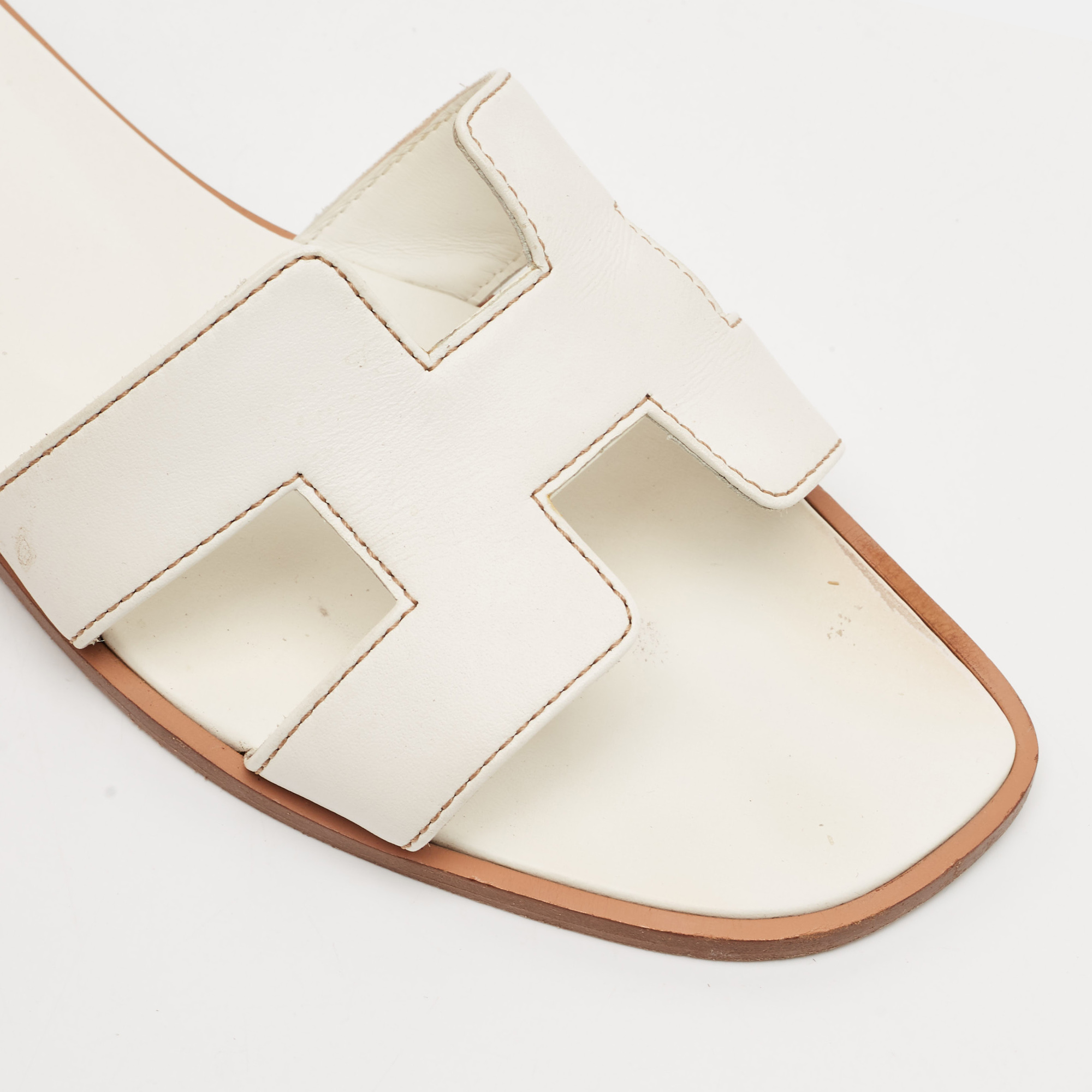 Hermes White Leather Oran Flat Slide Sandals Size 37 