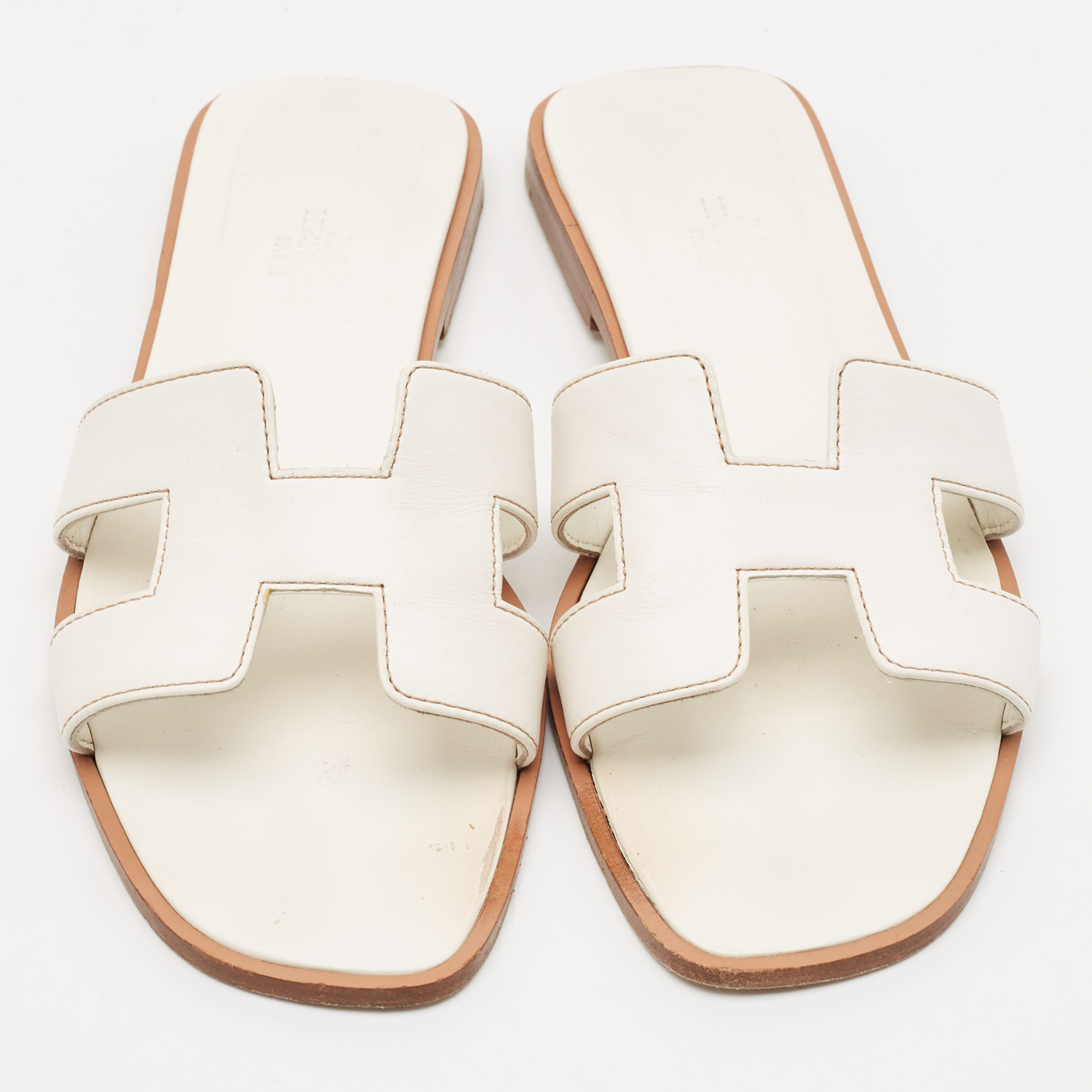 Hermes White Leather Oran Flat Slide Sandals Size 37 