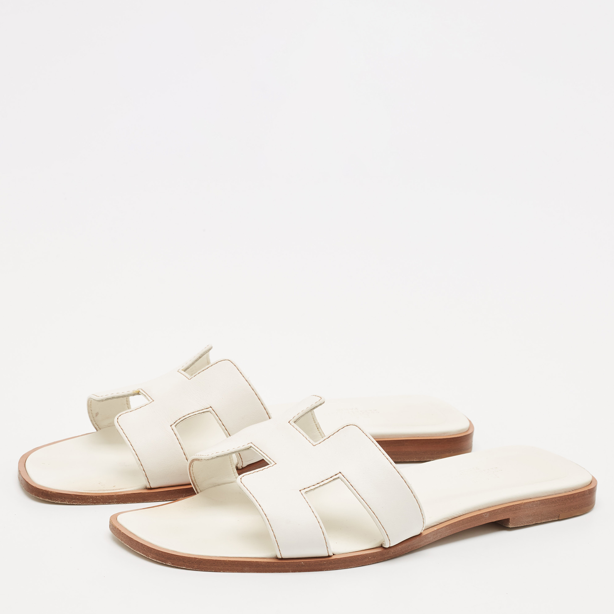 Hermes White Leather Oran Flat Slide Sandals Size 37 