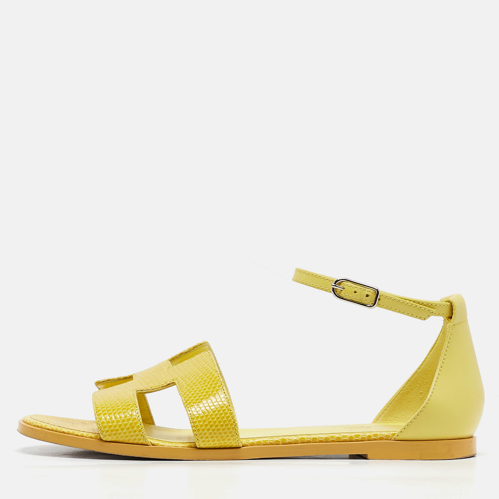 

Hermes Yellow Lizard Santorini Ankle Strap Sandals Size