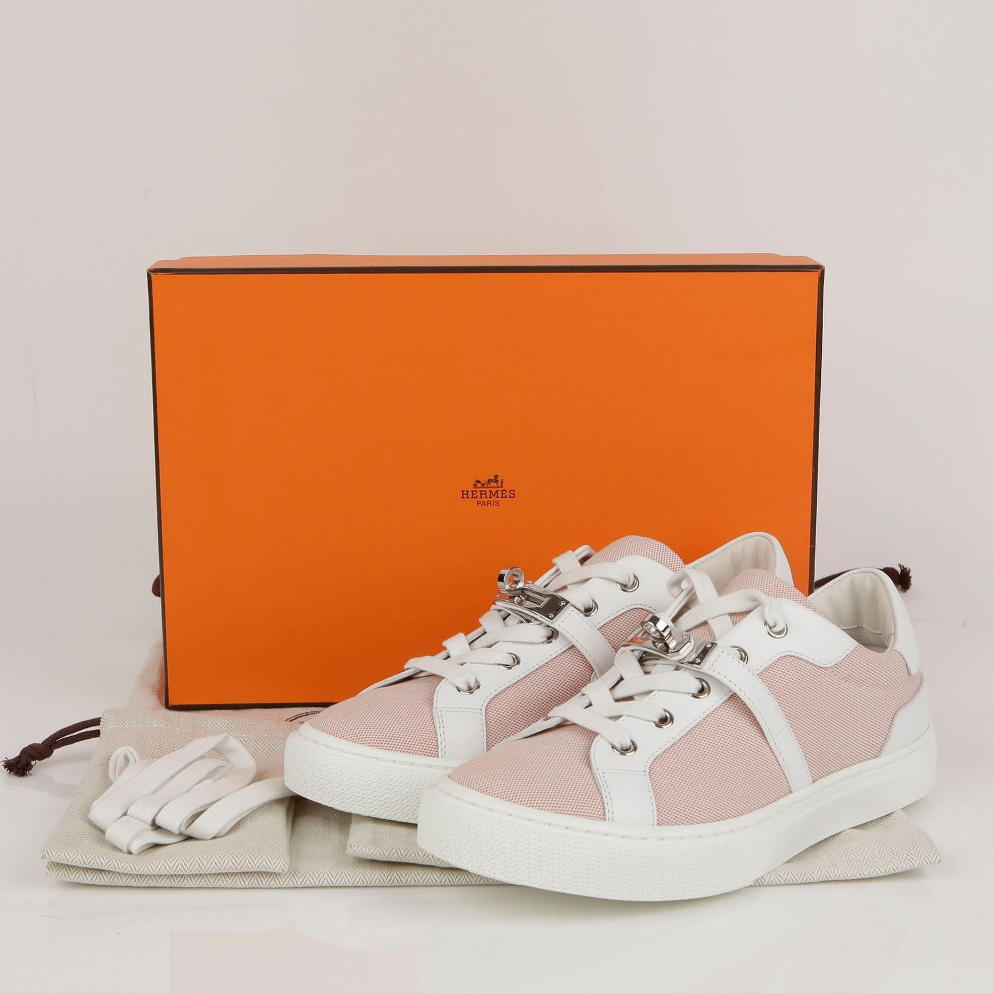 Hermes Framboise White Canvas and Leather Day Kelly Sneakers Size 37 