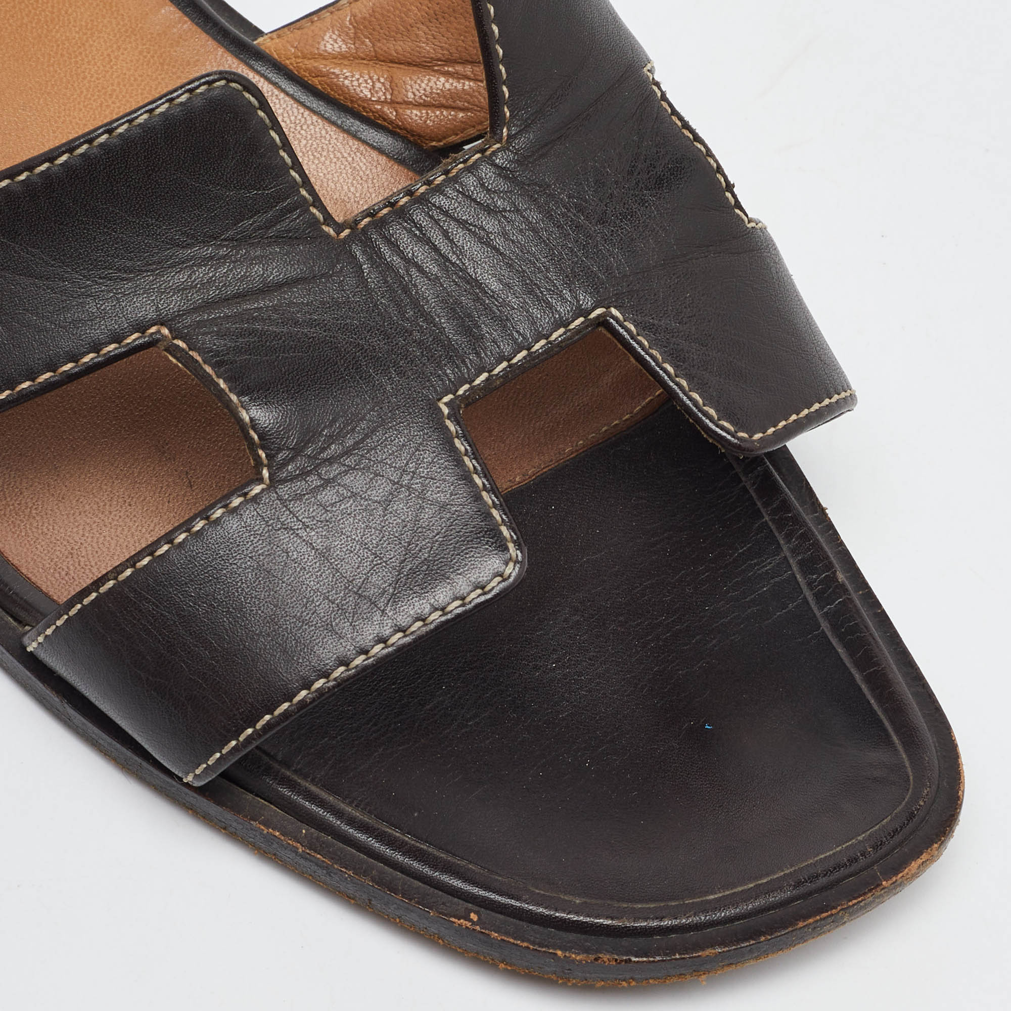Hermes Dark Brown Leather Oran Flat Slide Sandals Size 40 