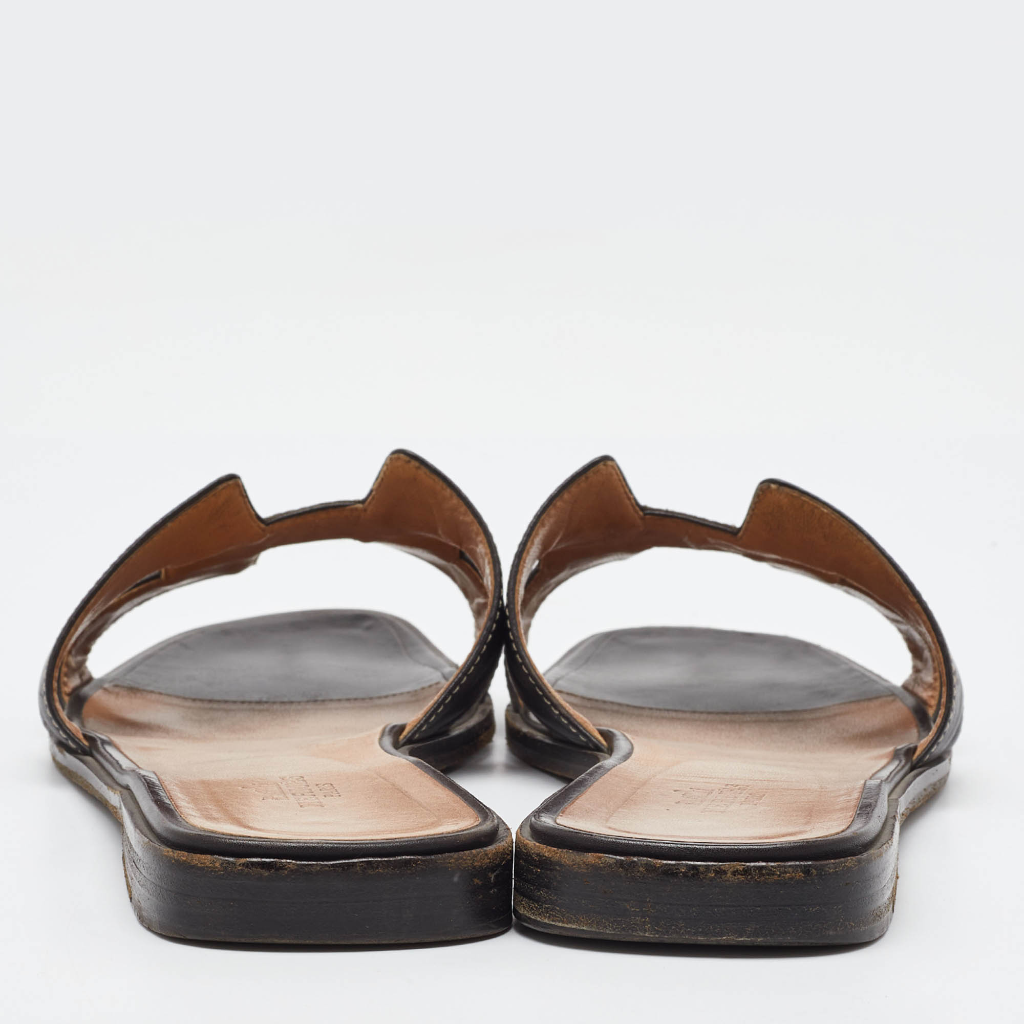 Hermes Dark Brown Leather Oran Flat Slide Sandals Size 40 