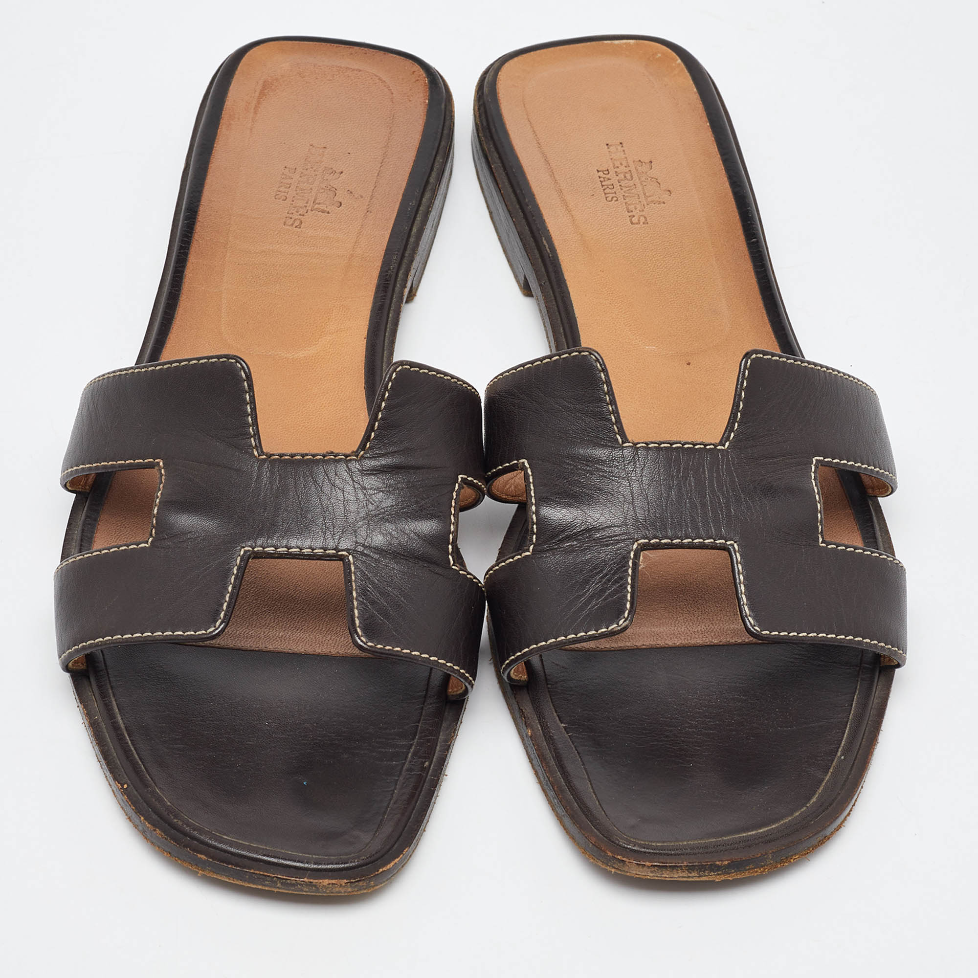 Hermes Dark Brown Leather Oran Flat Slide Sandals Size 40 