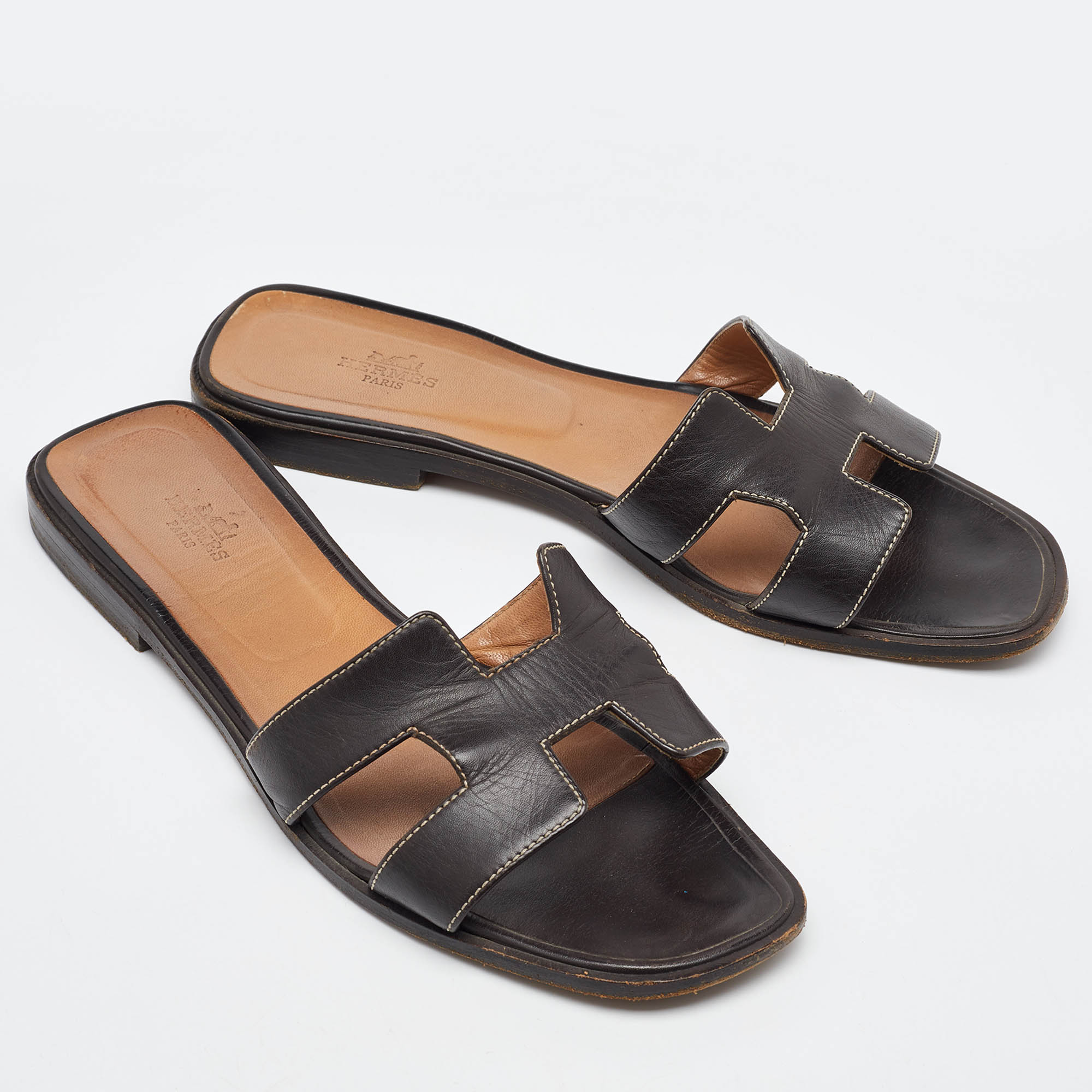 Hermes Dark Brown Leather Oran Flat Slide Sandals Size 40 