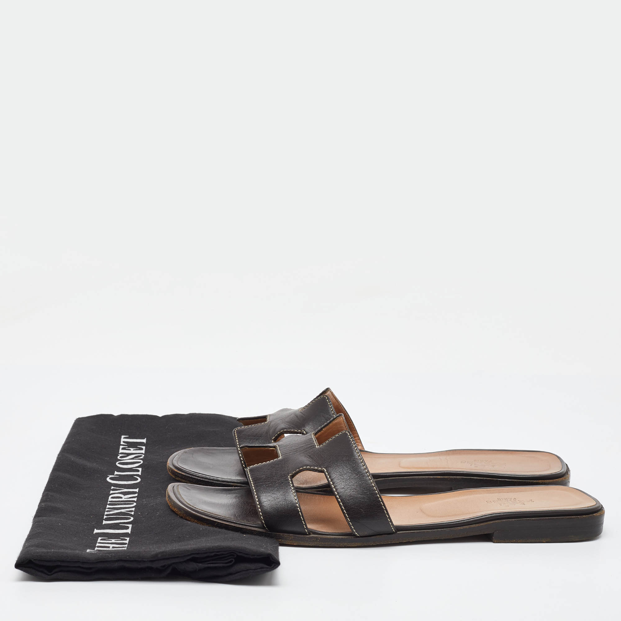 Hermes Dark Brown Leather Oran Flat Slide Sandals Size 40 