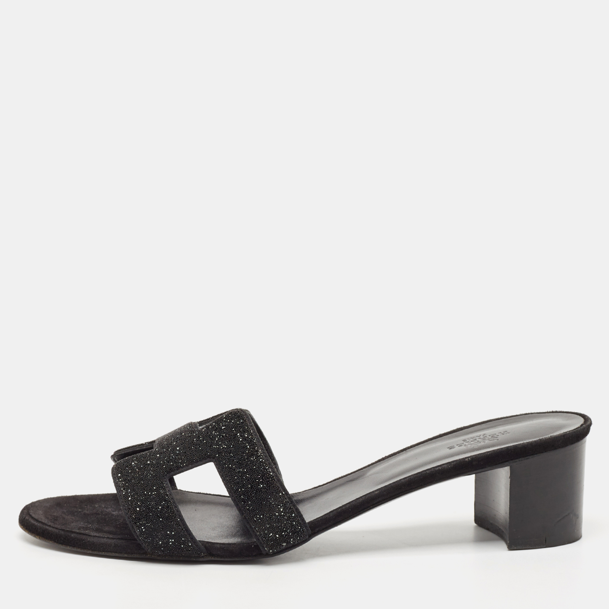 

Hermes Silver/Black Glitter and Suede Oasis Slide Sandals Size