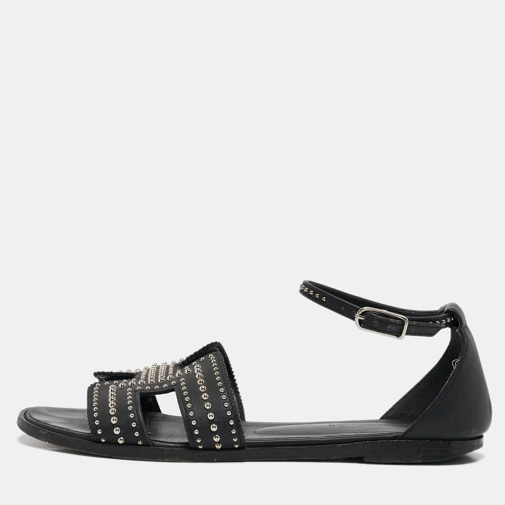 

Hermes Black Leather Santorini Ankle Wrap Sandals Size