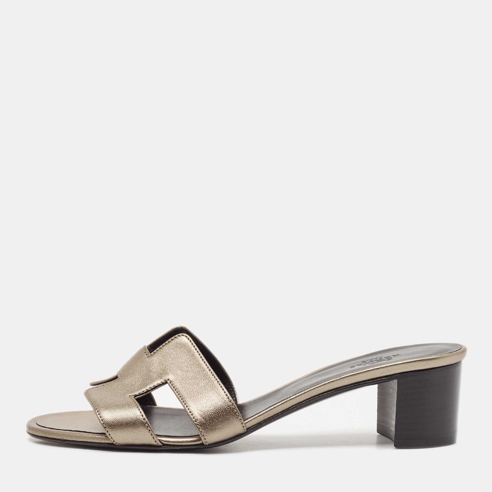 

Hermes Metallic Grey Leather Oasis Slide Sandals Size