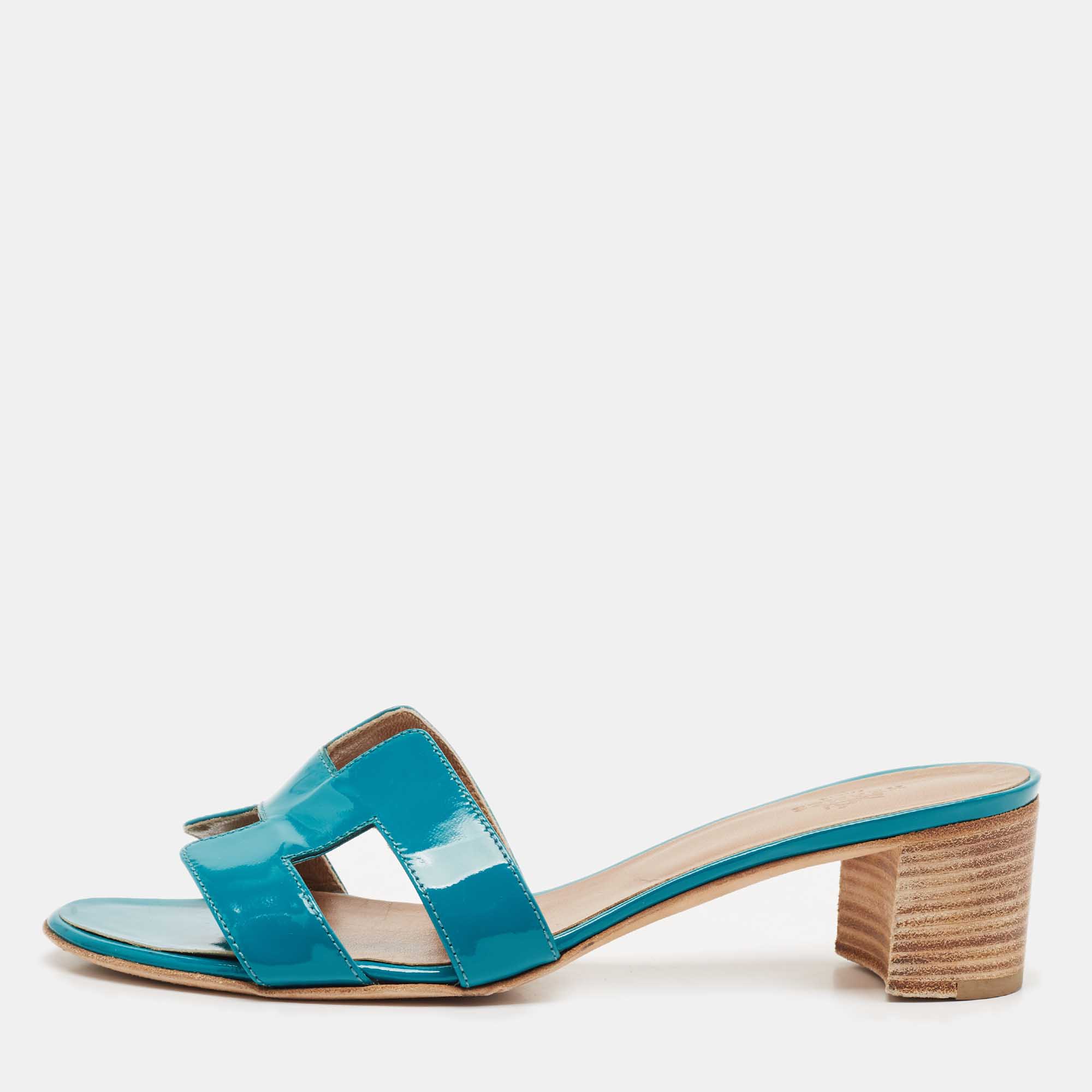 

Hermes Teal Green Patent Leather Oasis Slide Sandals Size