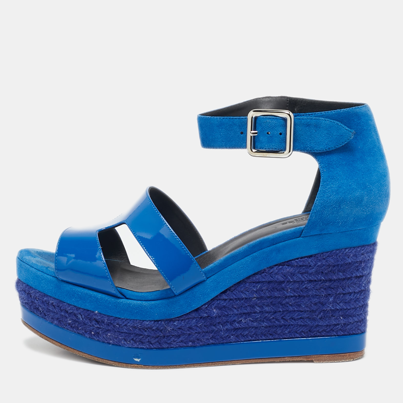 

Hermes Blue Suede And Patent Leather Ilana Espadrille Wedge Sandals Size