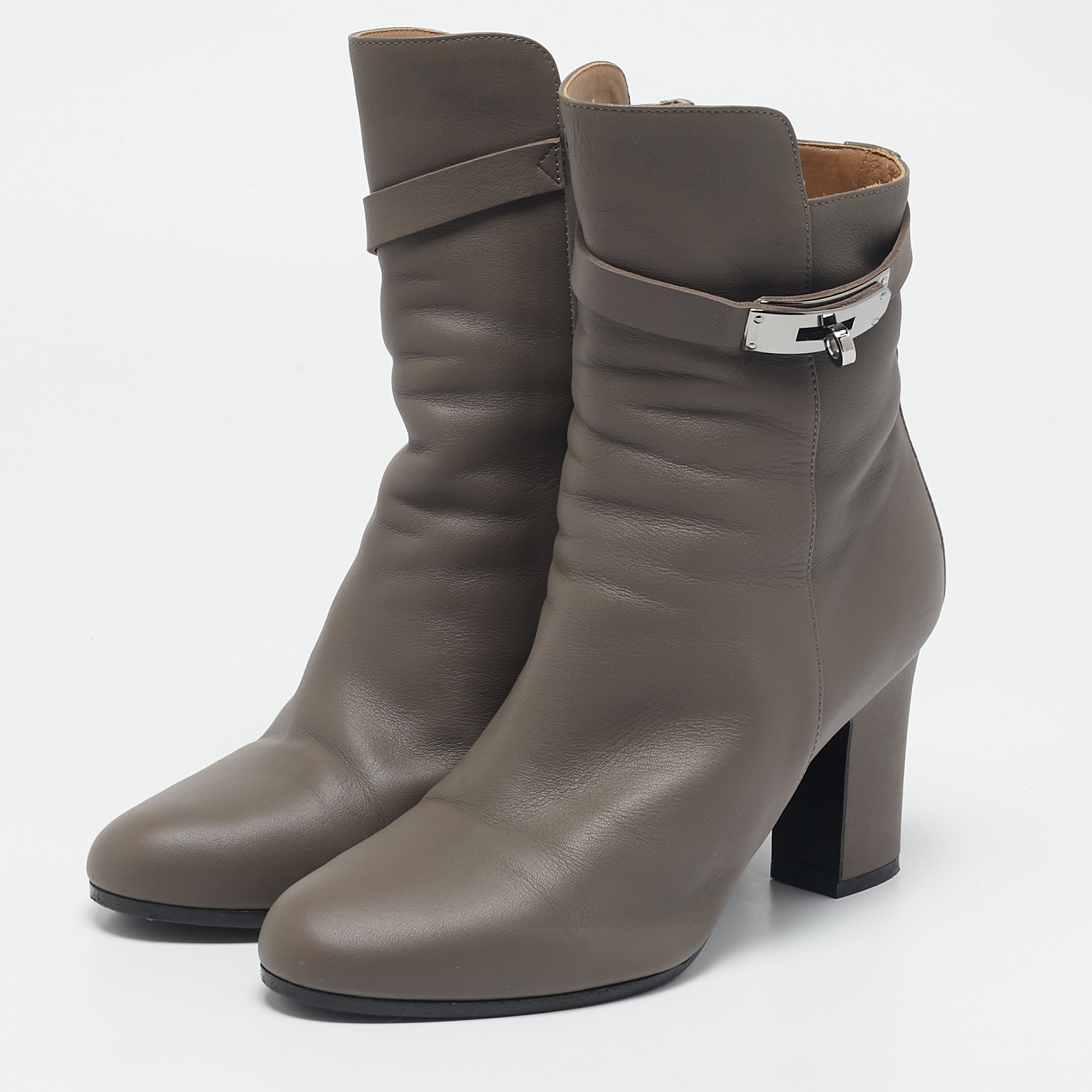 Hermès Grey Leather Joueuse Ankle Length Boots Size 38 
