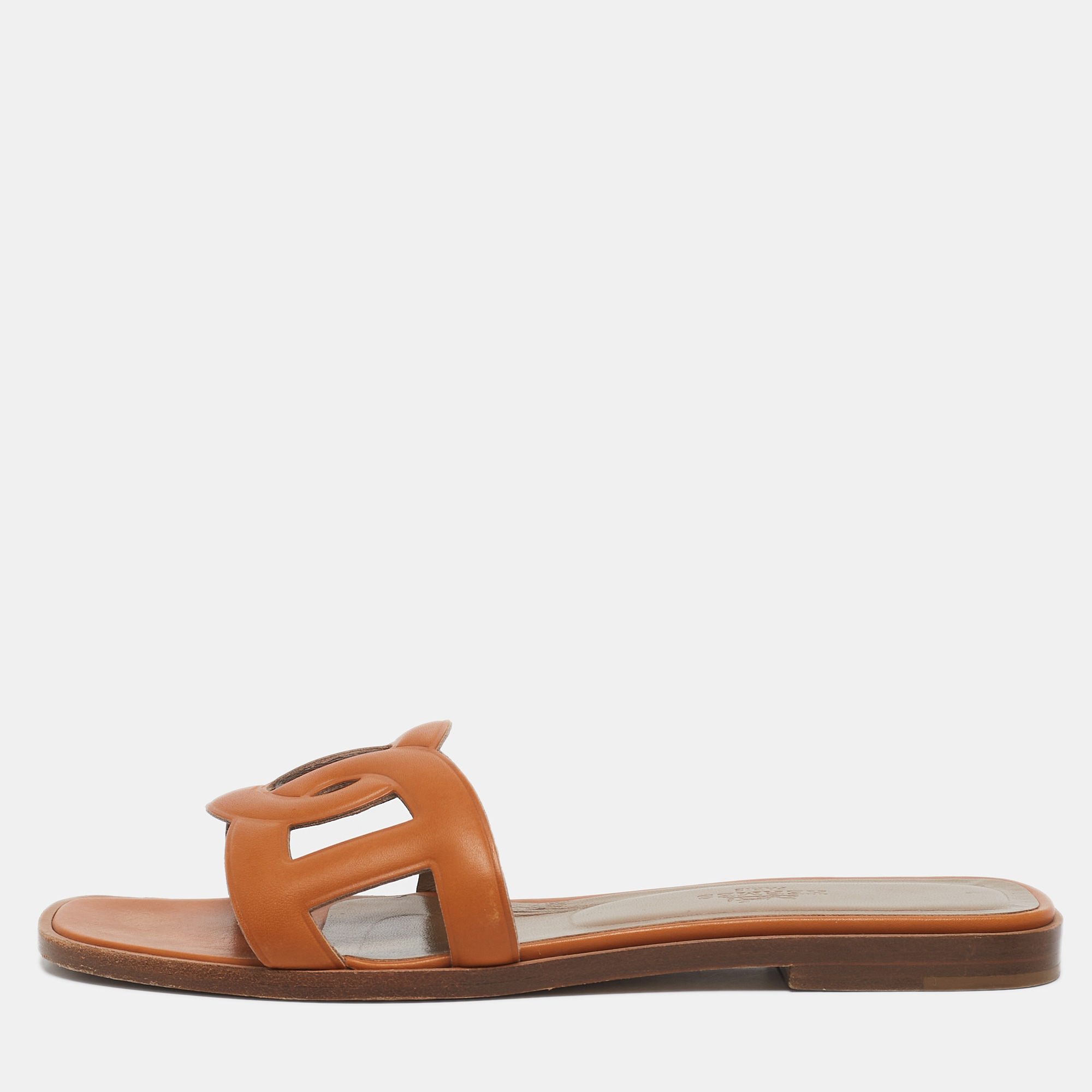 

Hermes Brown Leather Aloha Flat Slides Size