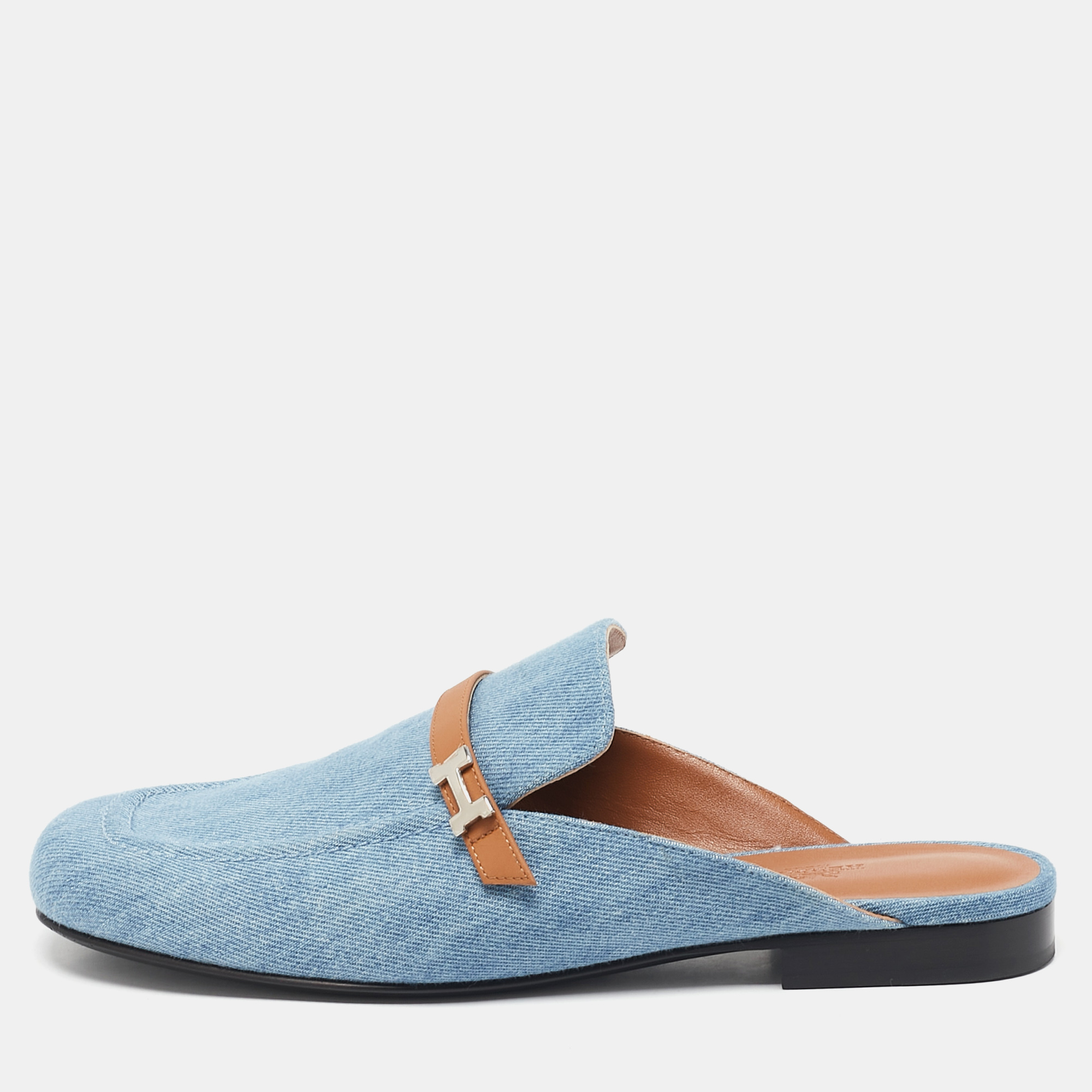 

Hermes Blue/Tan Leather Trimmed Denim Lena Mule Size