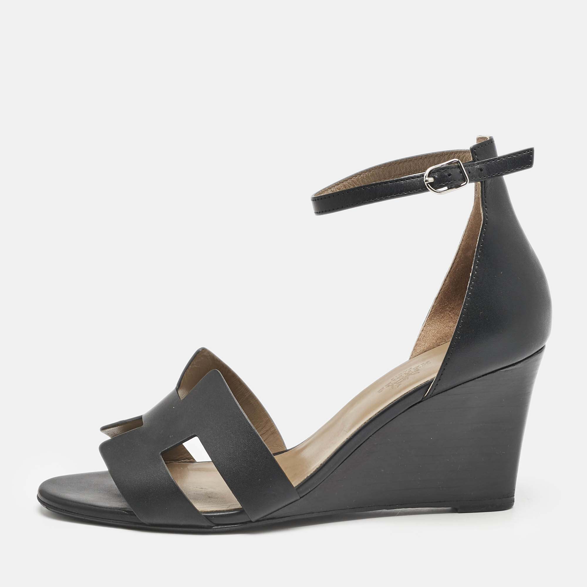 

Hermes Black Leather Legend Wedge Ankle Strap Sandals Size