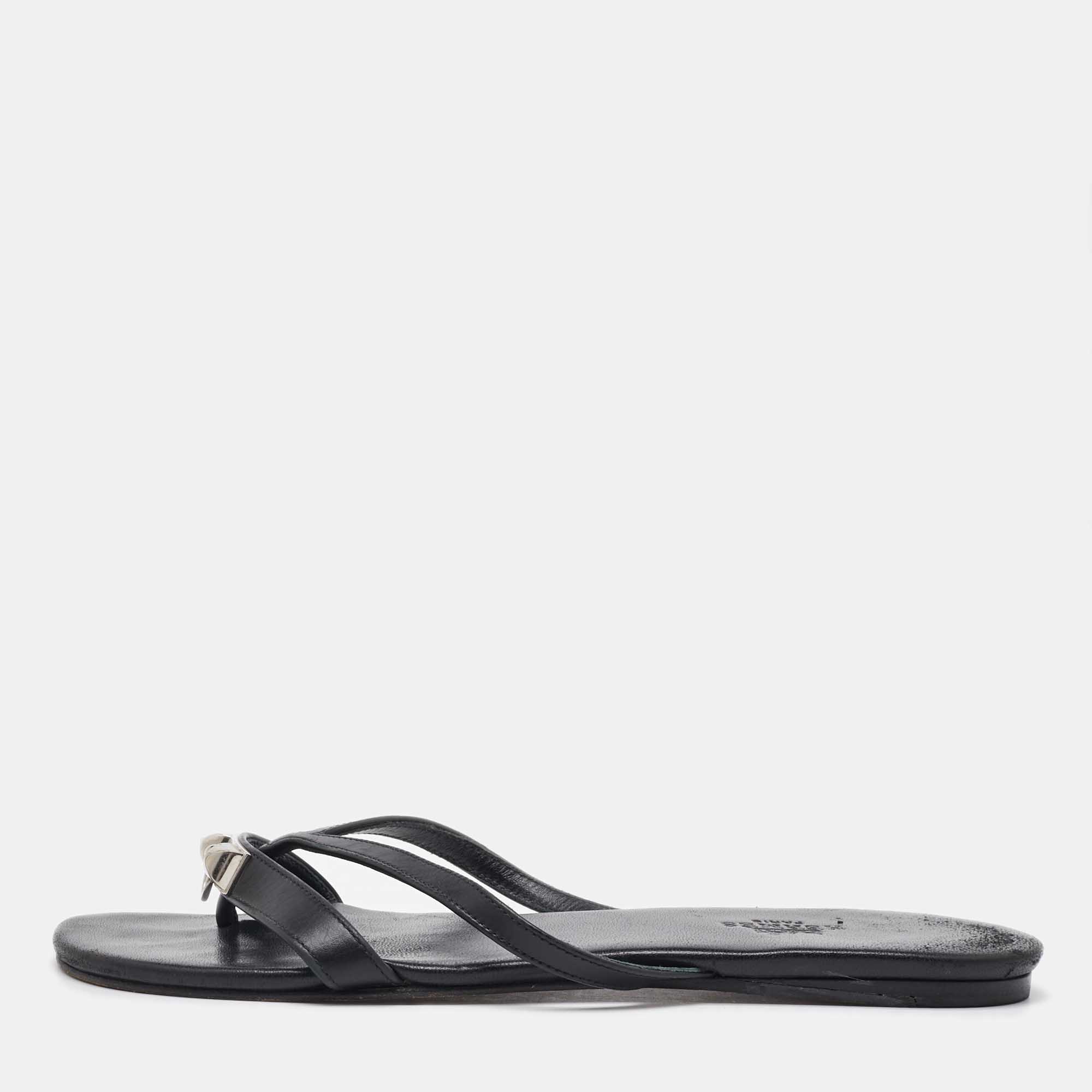 

Hermes Black Leather Strappy Flat Slide Sandals Size