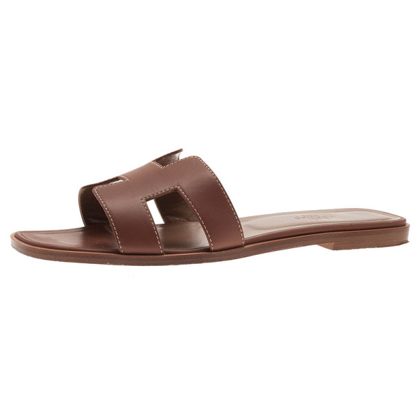 Hermes Brown Leather Oran Box Sandals Size 39