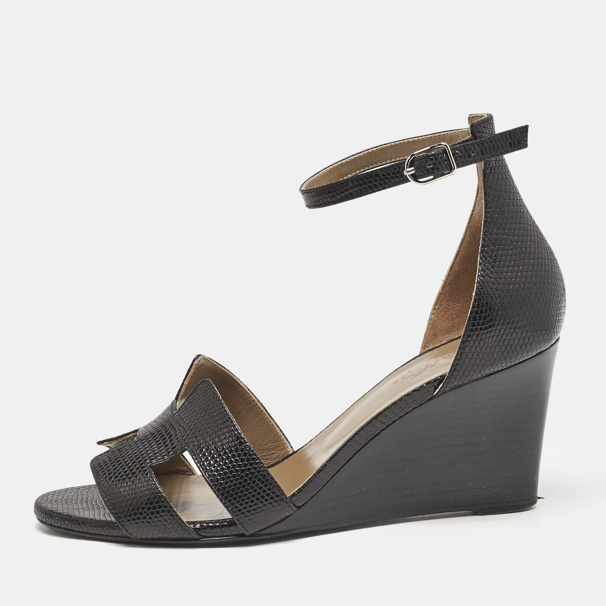 

Hermes Black Lizard Legend Wedge Sandals Size
