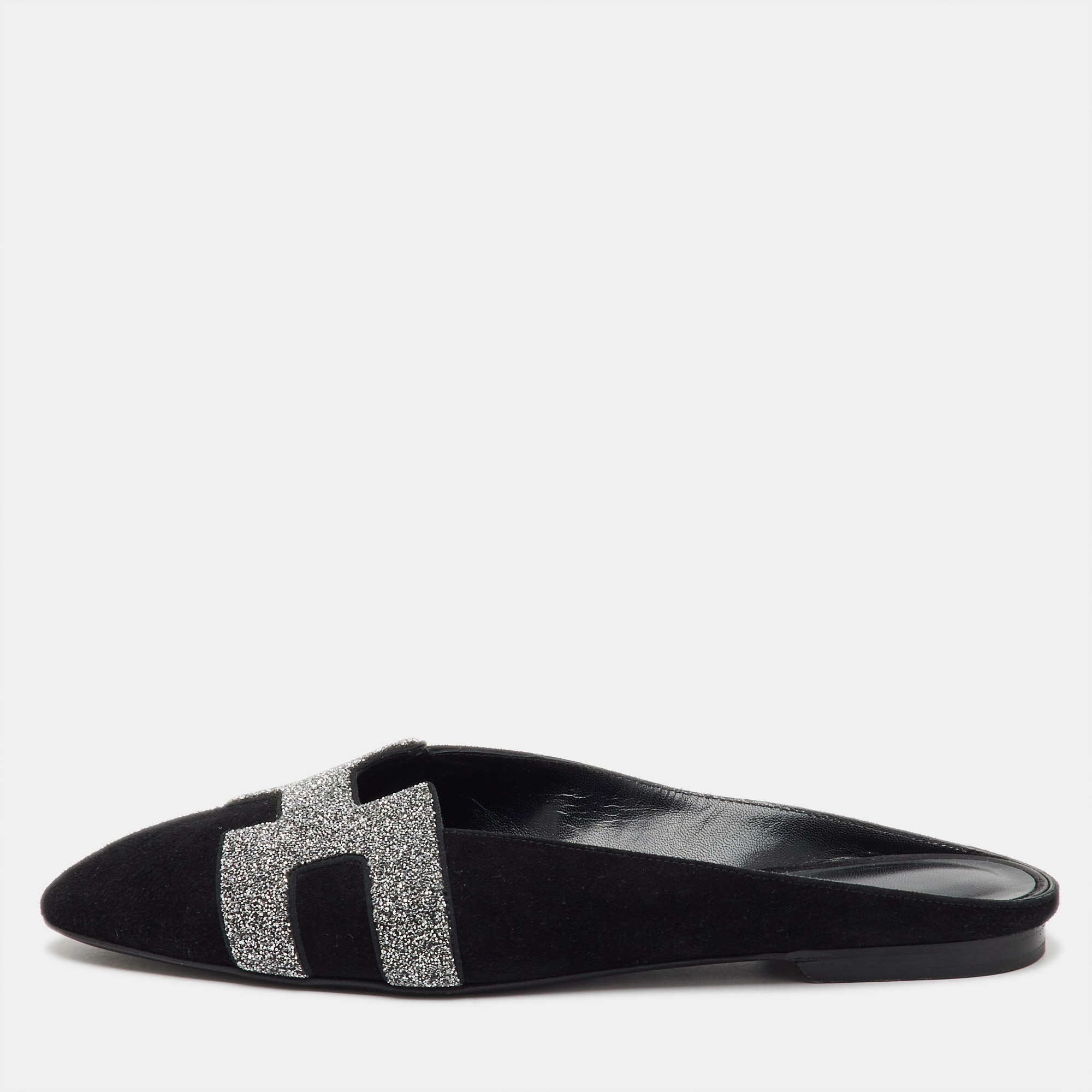 

Hermes Black/Silver Suede and Crystal Roxane Flat Mules Size