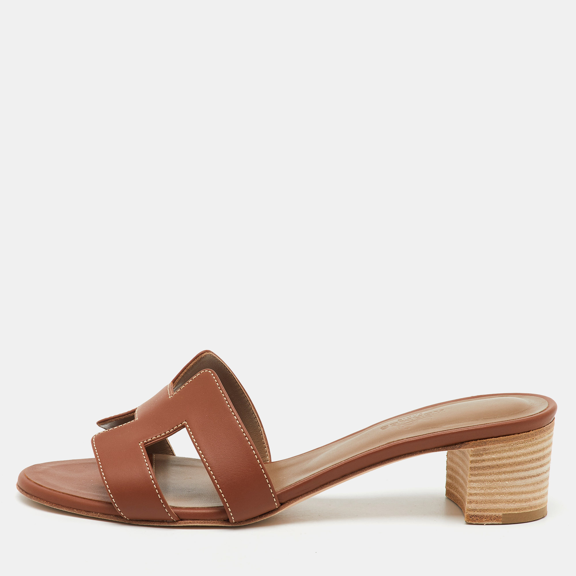 

Hermes Brown Leather Oasis Block Heel Slide Sandals Size