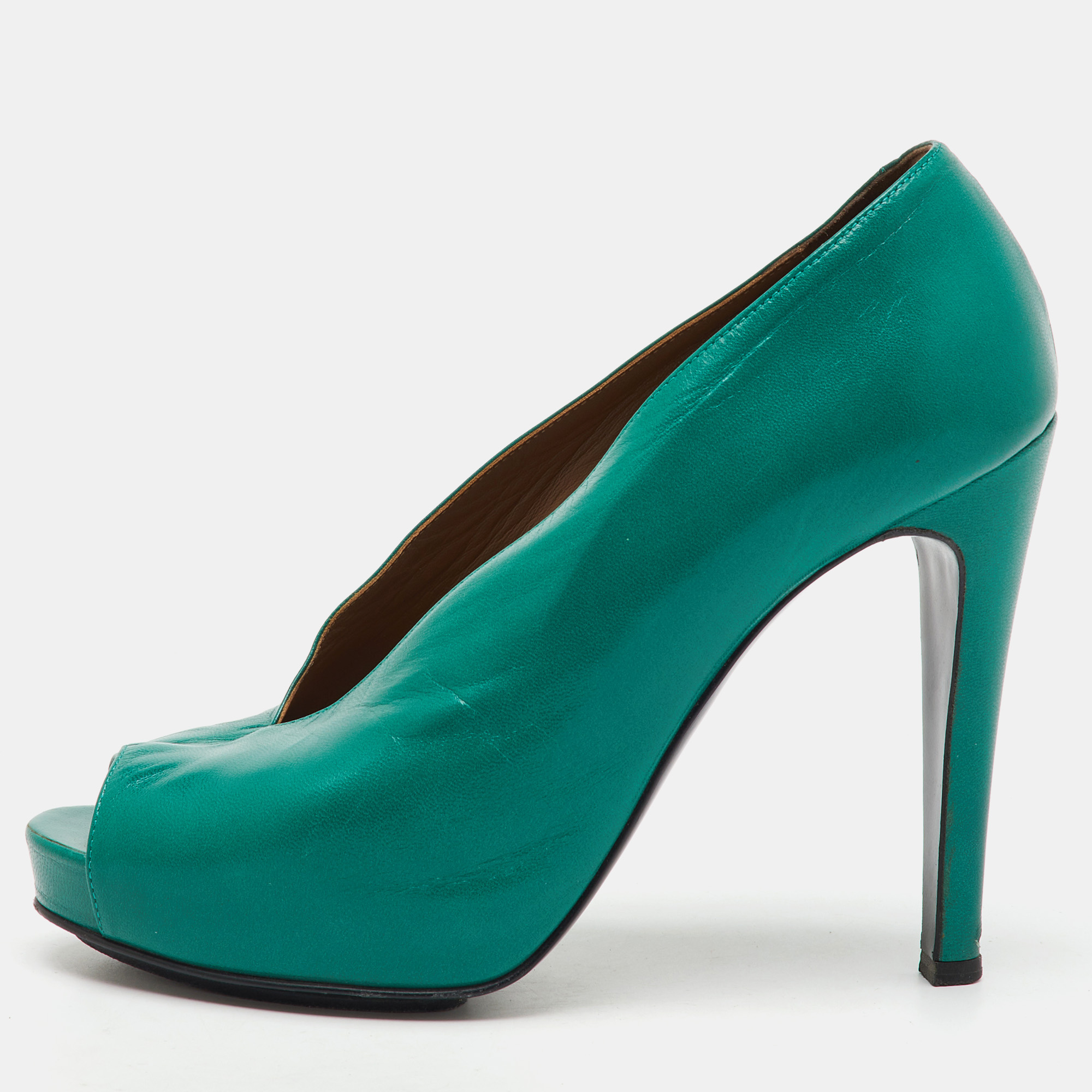 

Hermes Green Leather Gloria Peep Toe Platform Pumps Size