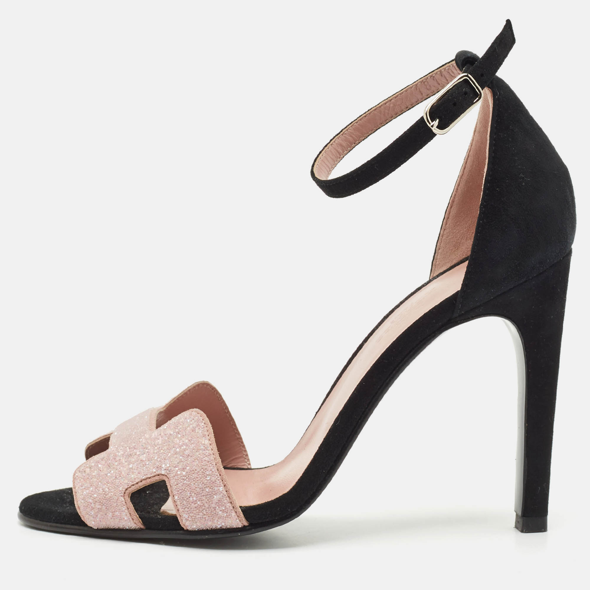 

Hermes Pink/Black Suede and Crystal Premiere Sandals Size