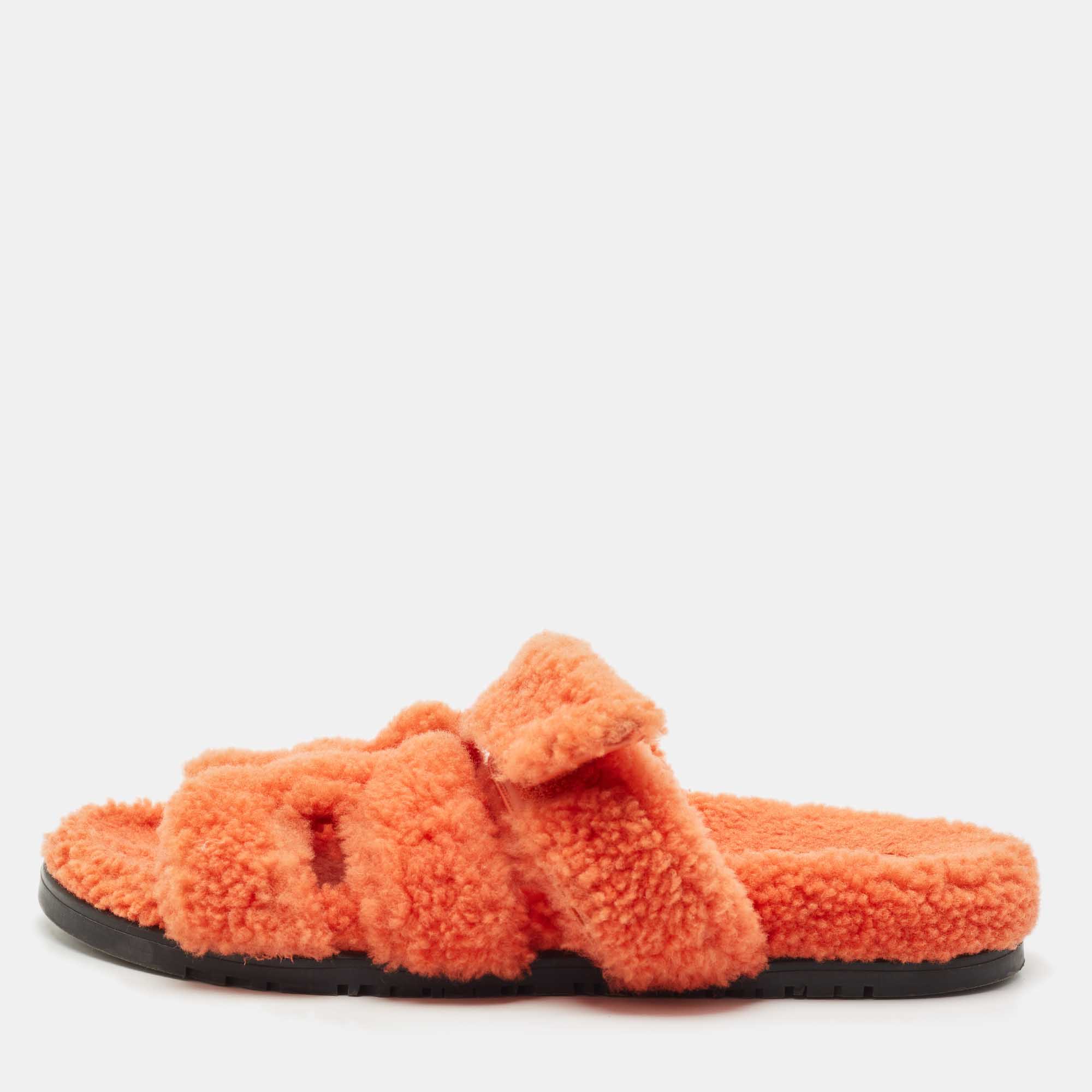 

Hermes Orange Shearling Fur Chypre Flat Slide Sandals Size