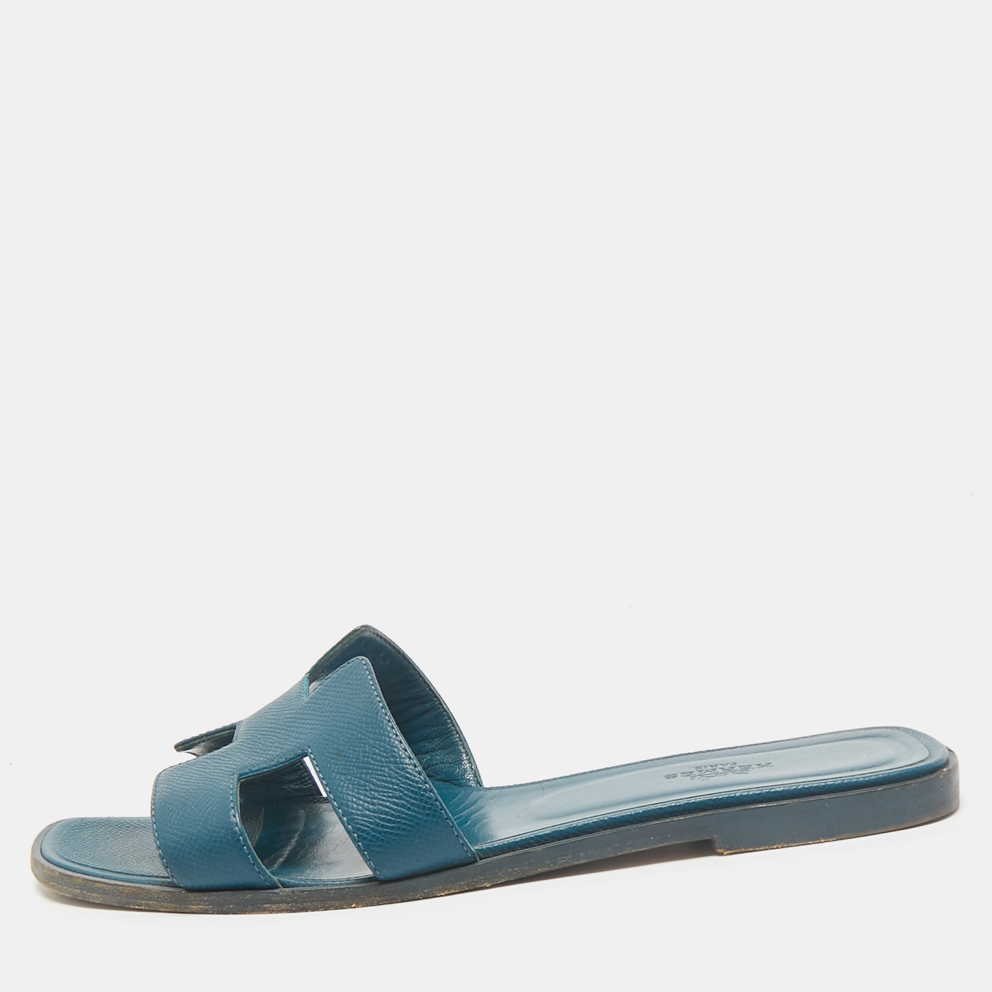 

Hermes Teal Leather Oran Flat Slides Size, Green